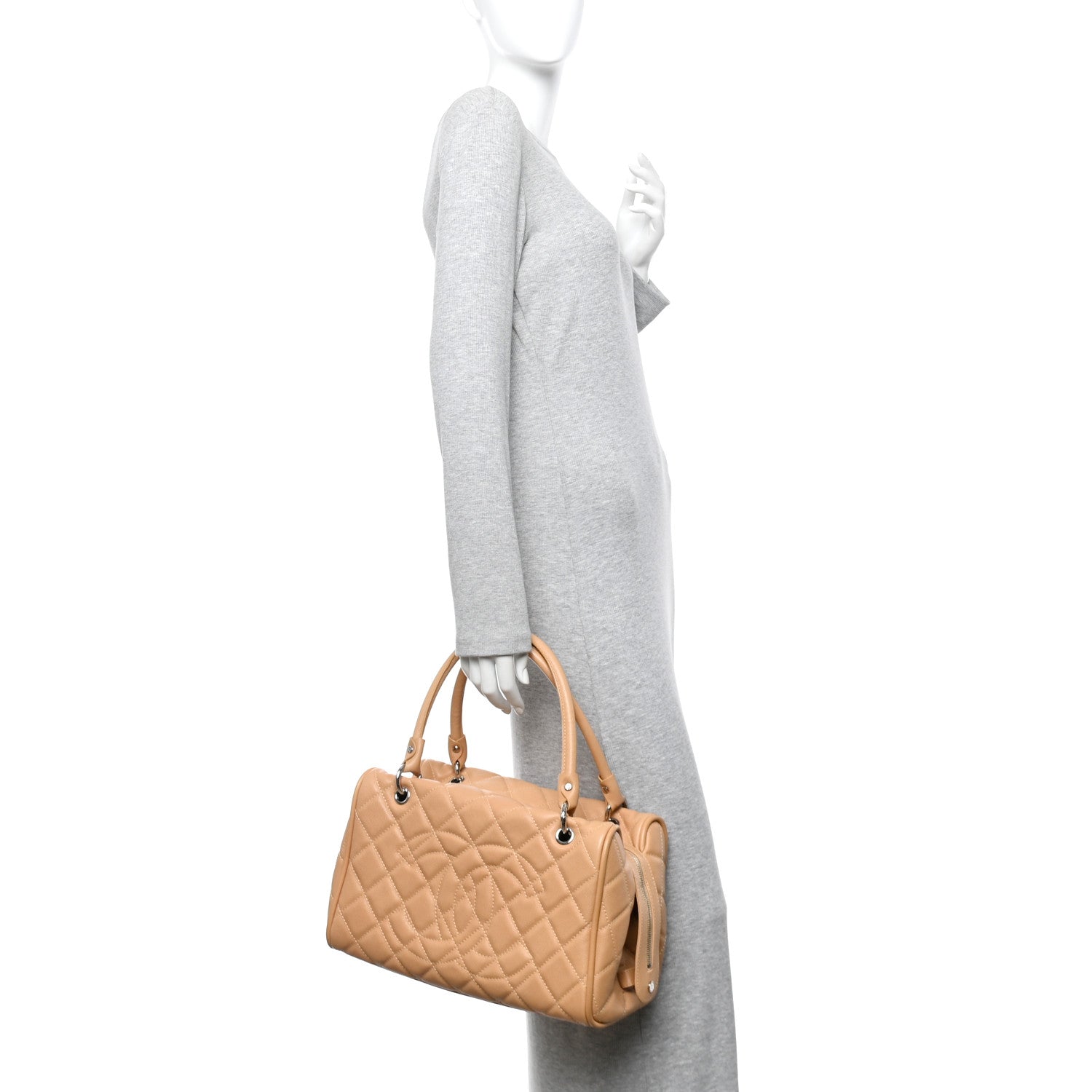 Caviar Quilted Timeless Bowler Beige