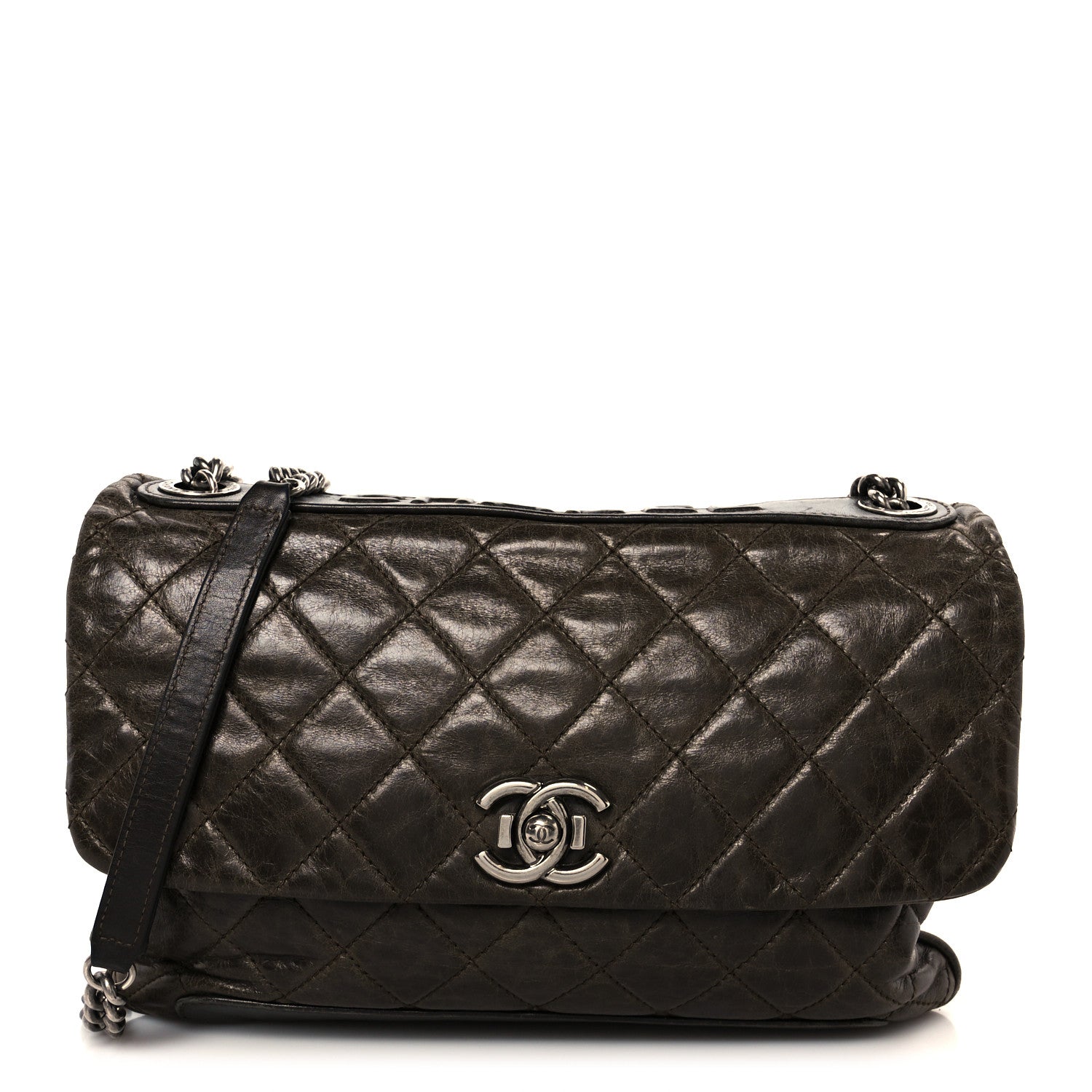 Aged Calfskin Quilted Accordion CC Flap Dark Brown