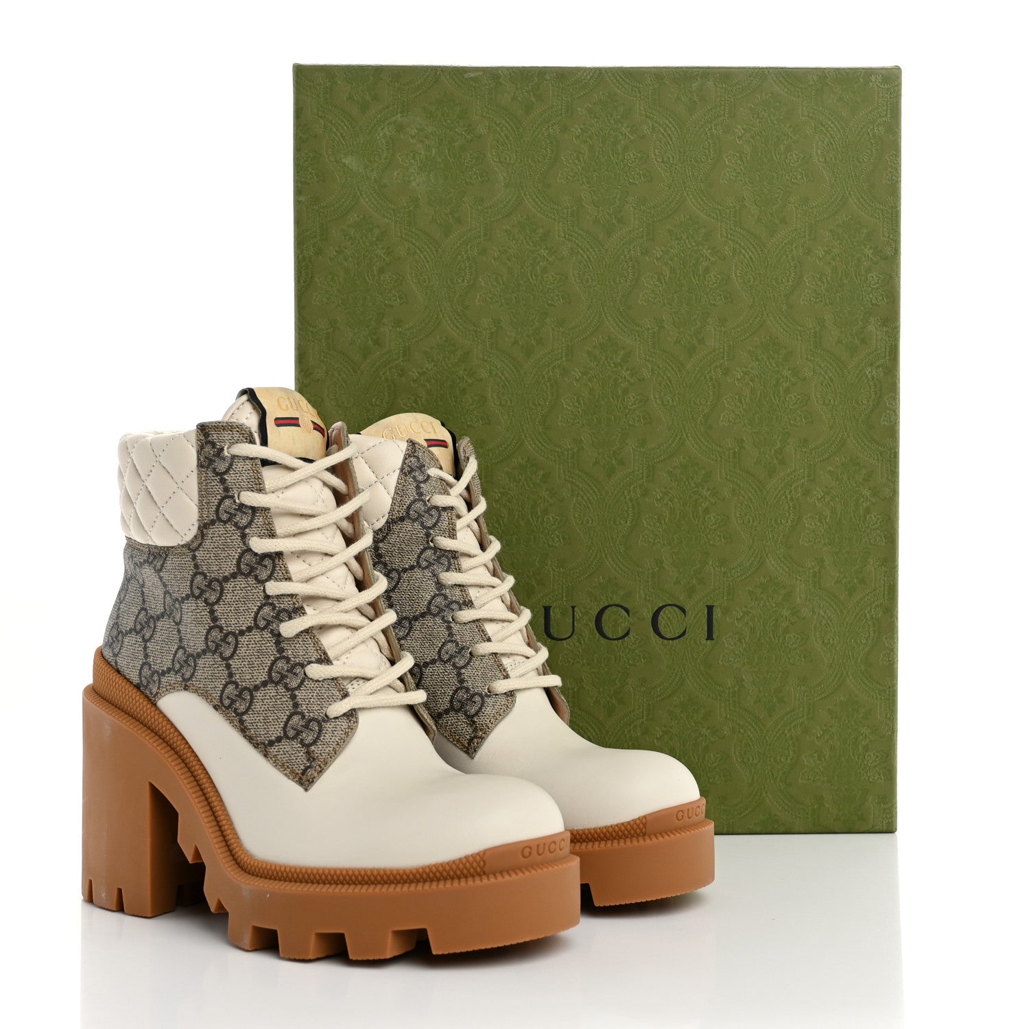 Calfskin GG Supreme Monogram Nappa Quilted Lace Up Ankle Boots 35 Mystic White Beige