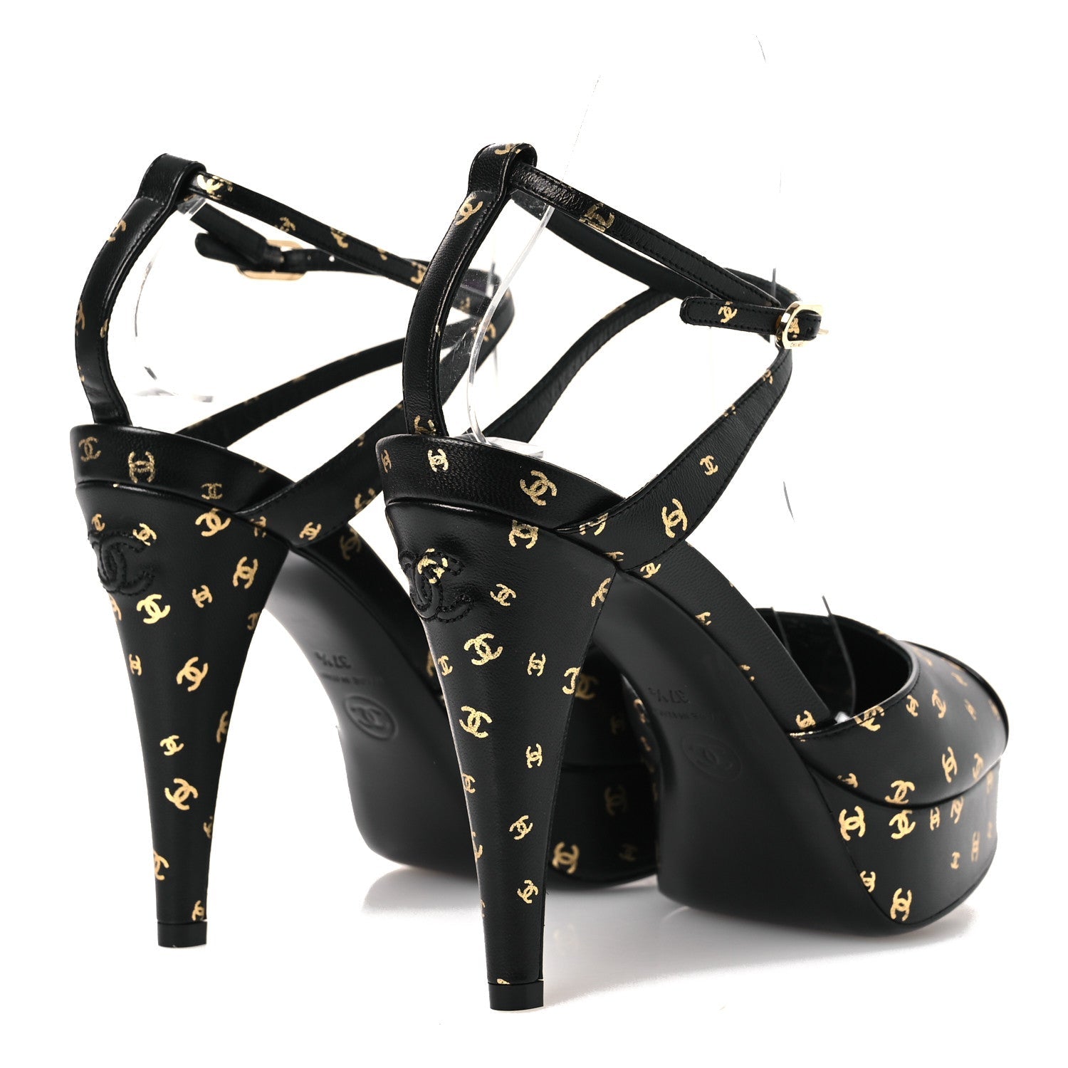 Printed Lambskin CC Platform Pumps 37.5 Black Gold
