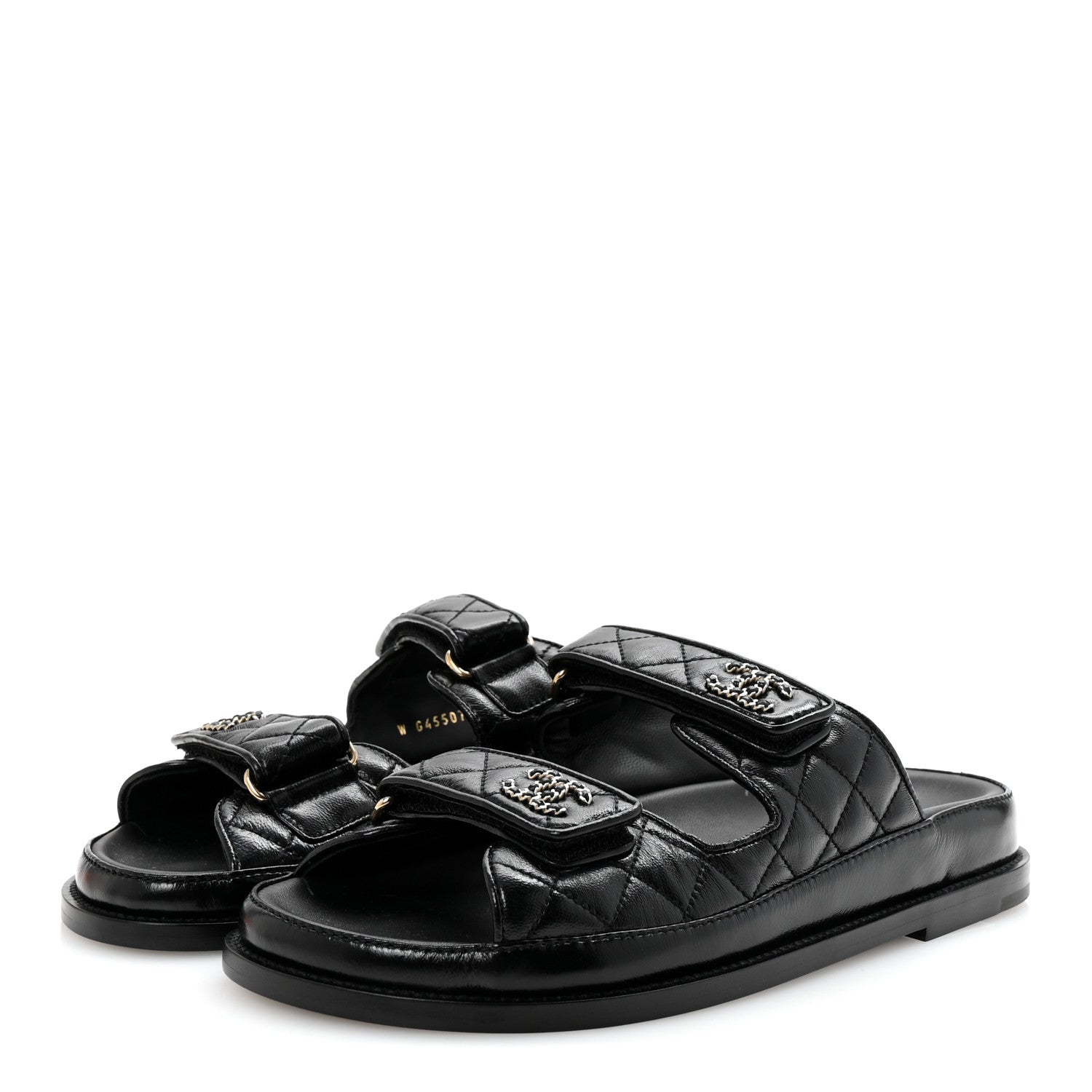 Lambskin Quilted Velcro Dad Chain CC Slide Sandals 38.5 Black