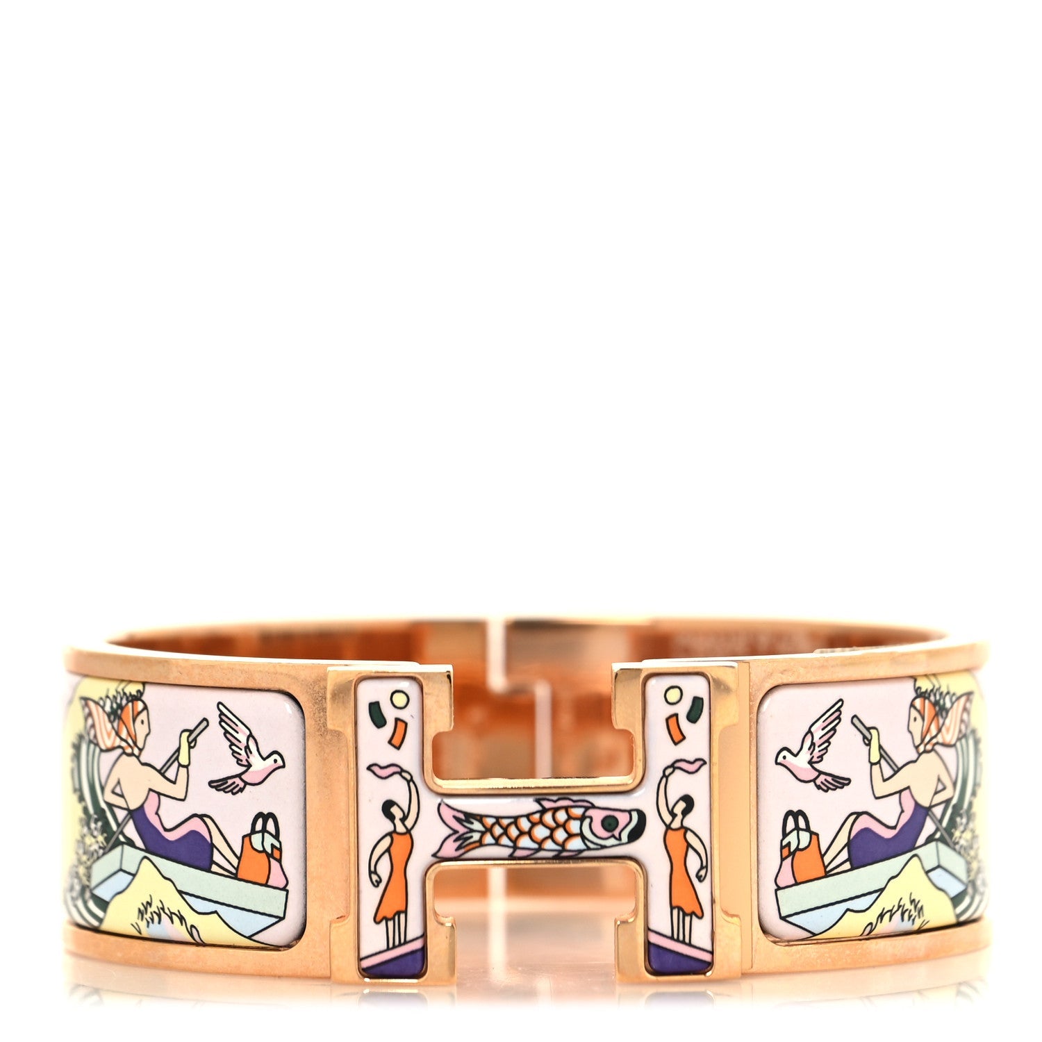 Enamel Printed Wide L'Epopee d'Hermes Clic Clac H Bracelet GM Rose Dragee