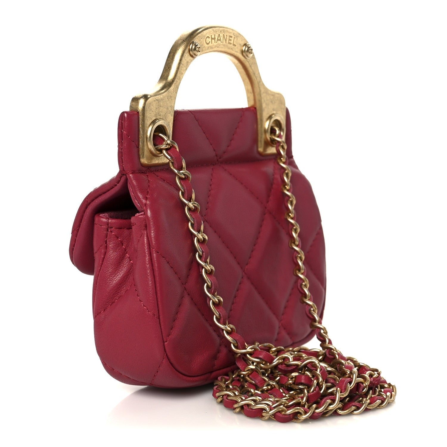 Calfskin Quilted Lady Handle Flap Card Holder With Chain Dark Pink