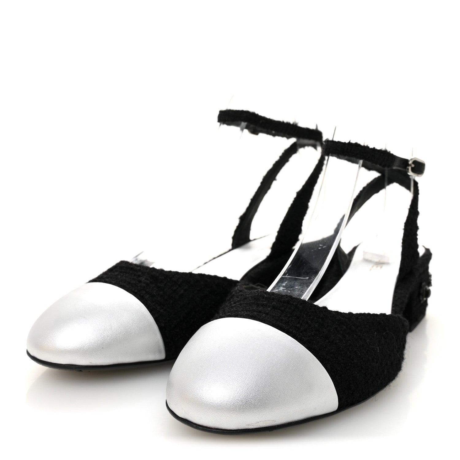 Tweed Iridescent Calfskin Cap Toe CC Slingback Pumps 38.5 Black Silver