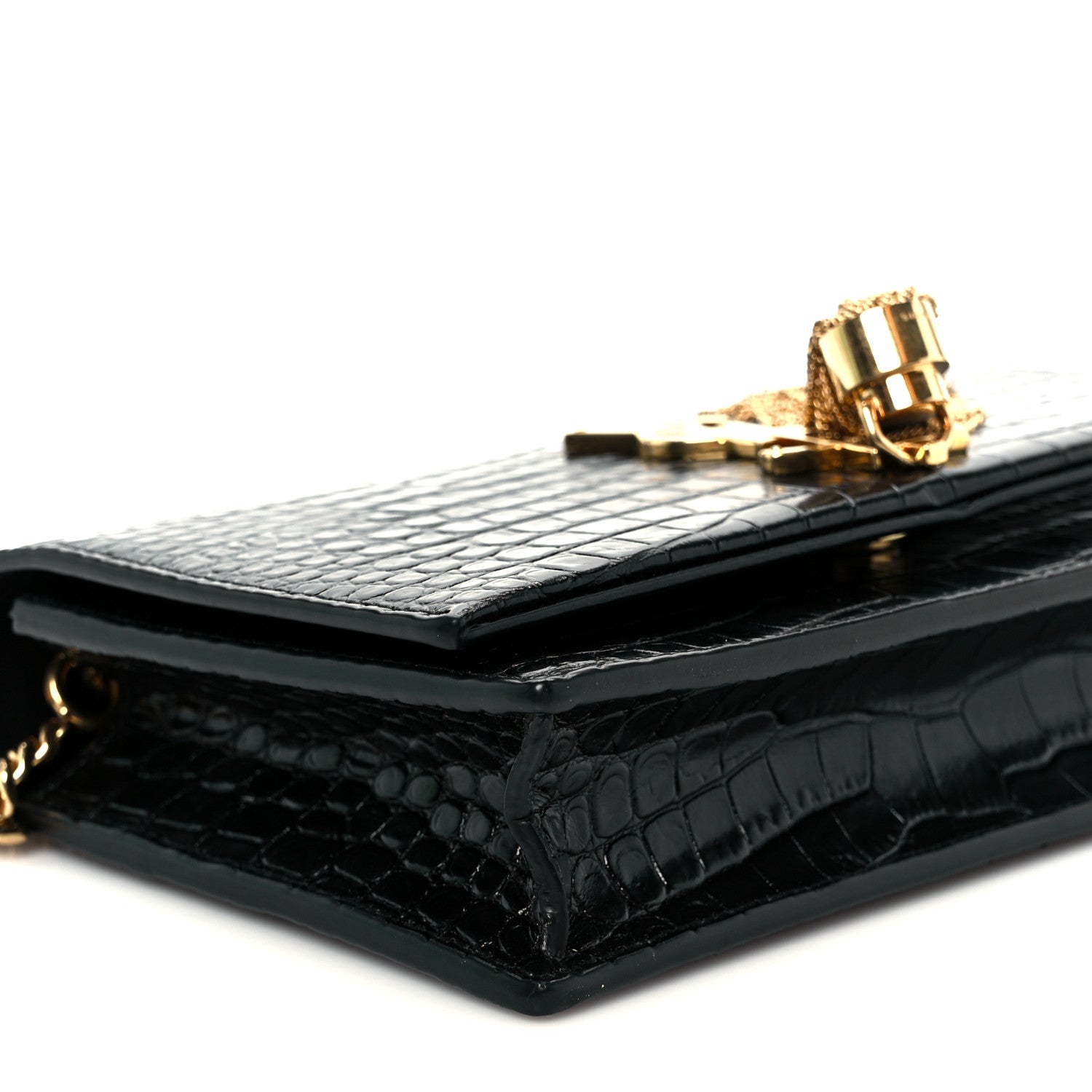 Calfskin Crocodile Embossed Kate Monogram Tassel Chain Wallet Black