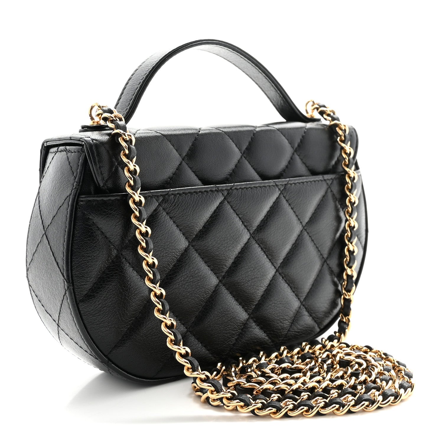 Shiny Aged Calfskin Quilted Top Handle Clutch With Chain Black