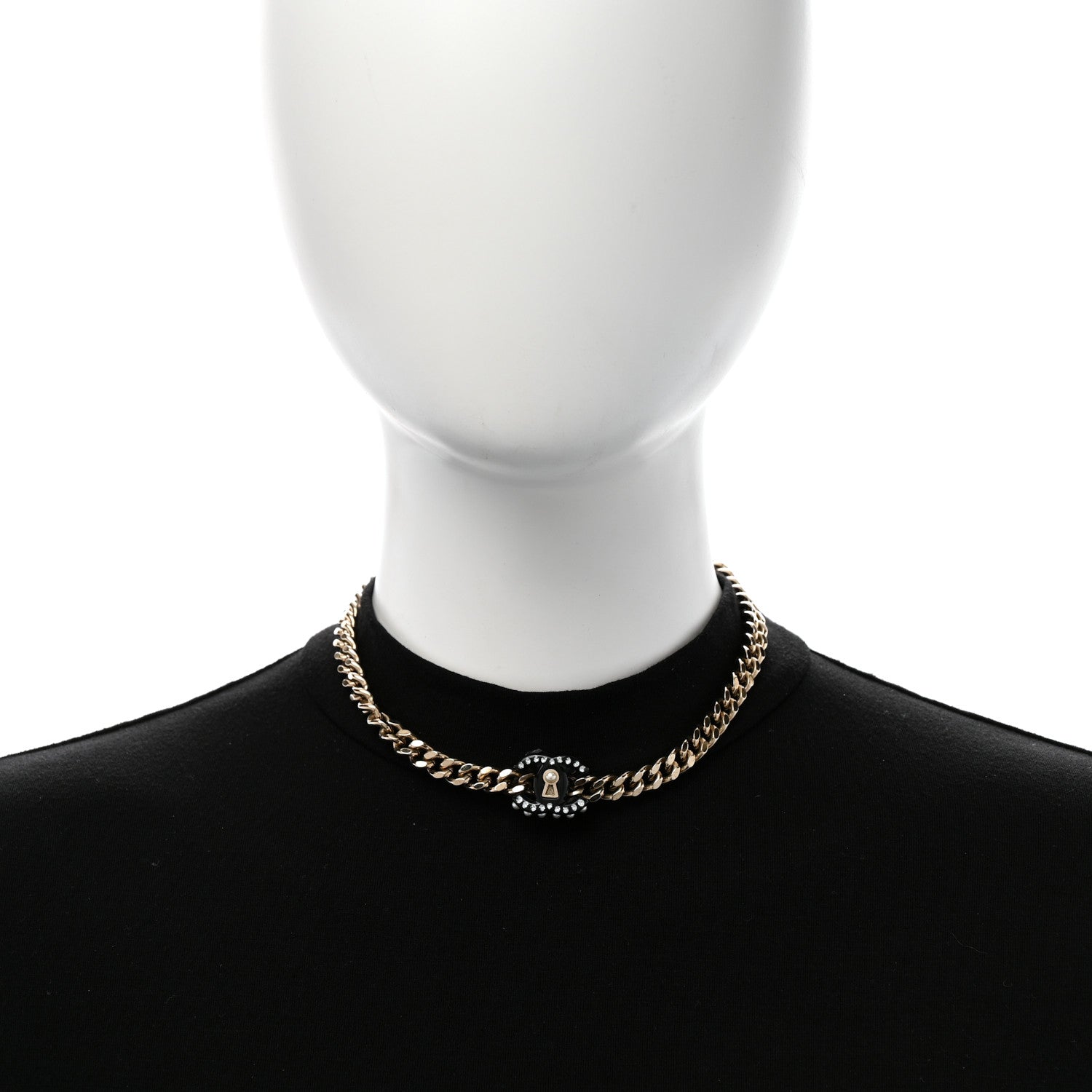 Crystal Pearl CC Lock Short Necklace Gold Black