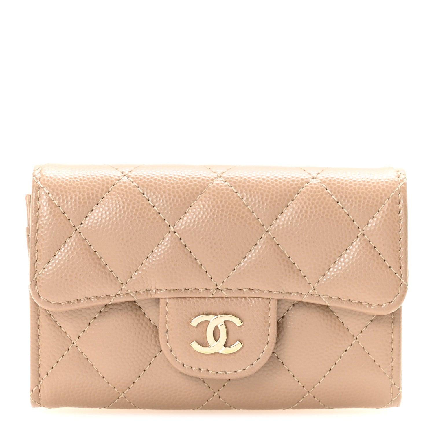Caviar Quilted Flap Card Holder Wallet Dark Beige