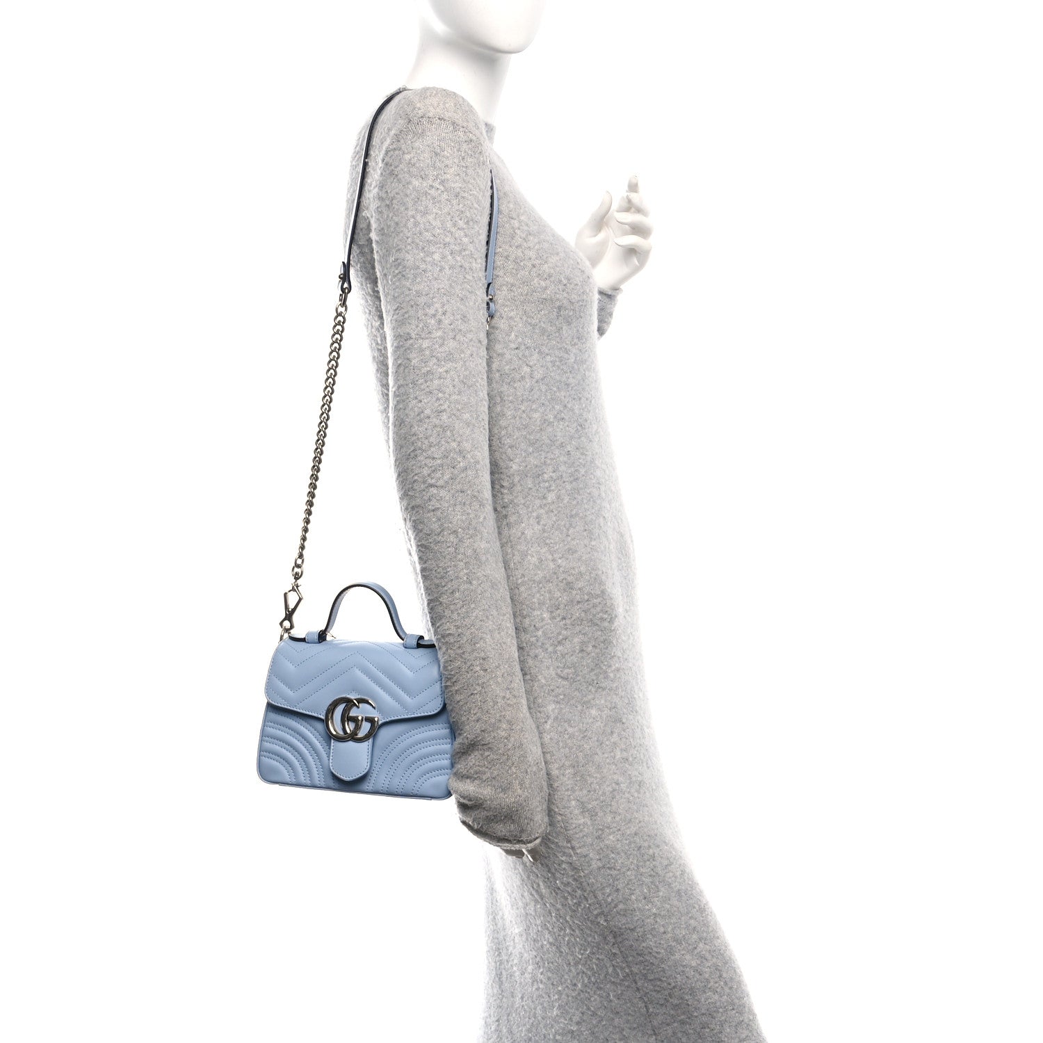 Calfskin Matelasse Mini GG Marmont Top Handle Shoulder Bag Porcelain Light Blue