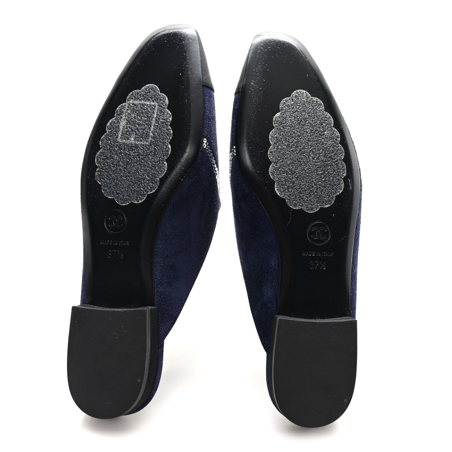 Suede Calfskin Grosgrain Crystal CC Star Mules  37.5 Blue Black