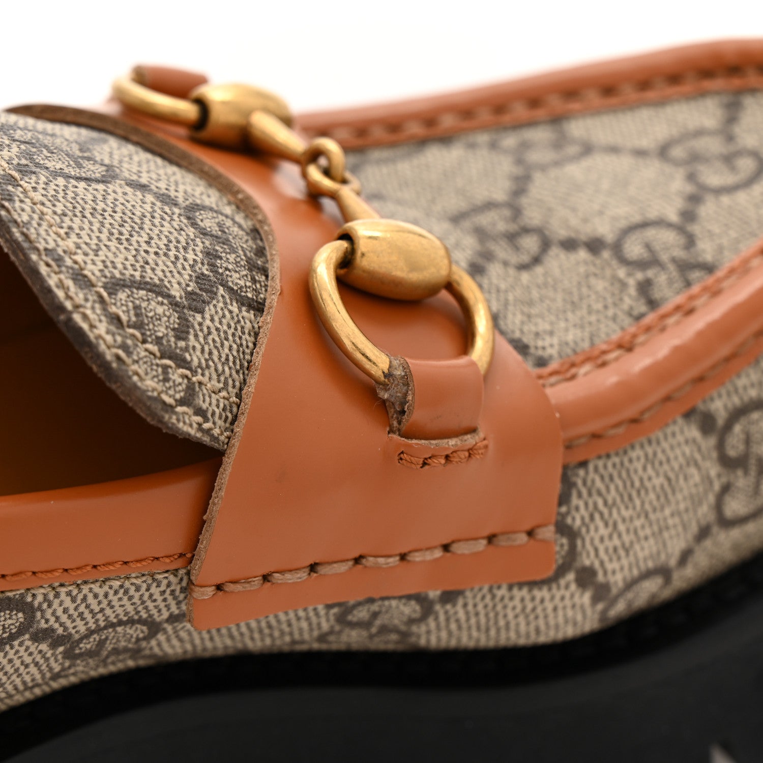 GG Supreme Monogram Cordovan Lux Womens Harald Horsebit 25mm Platform Loafers 36.5 Beige Ebony