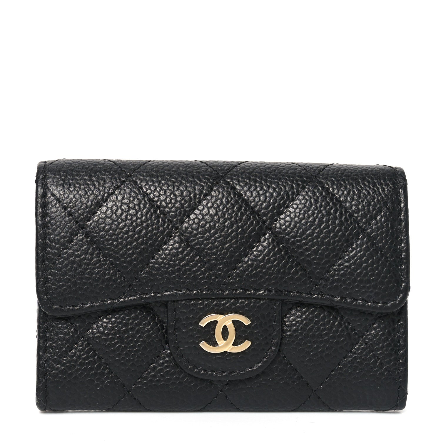 Caviar Quilted Flap Card Holder Wallet Black