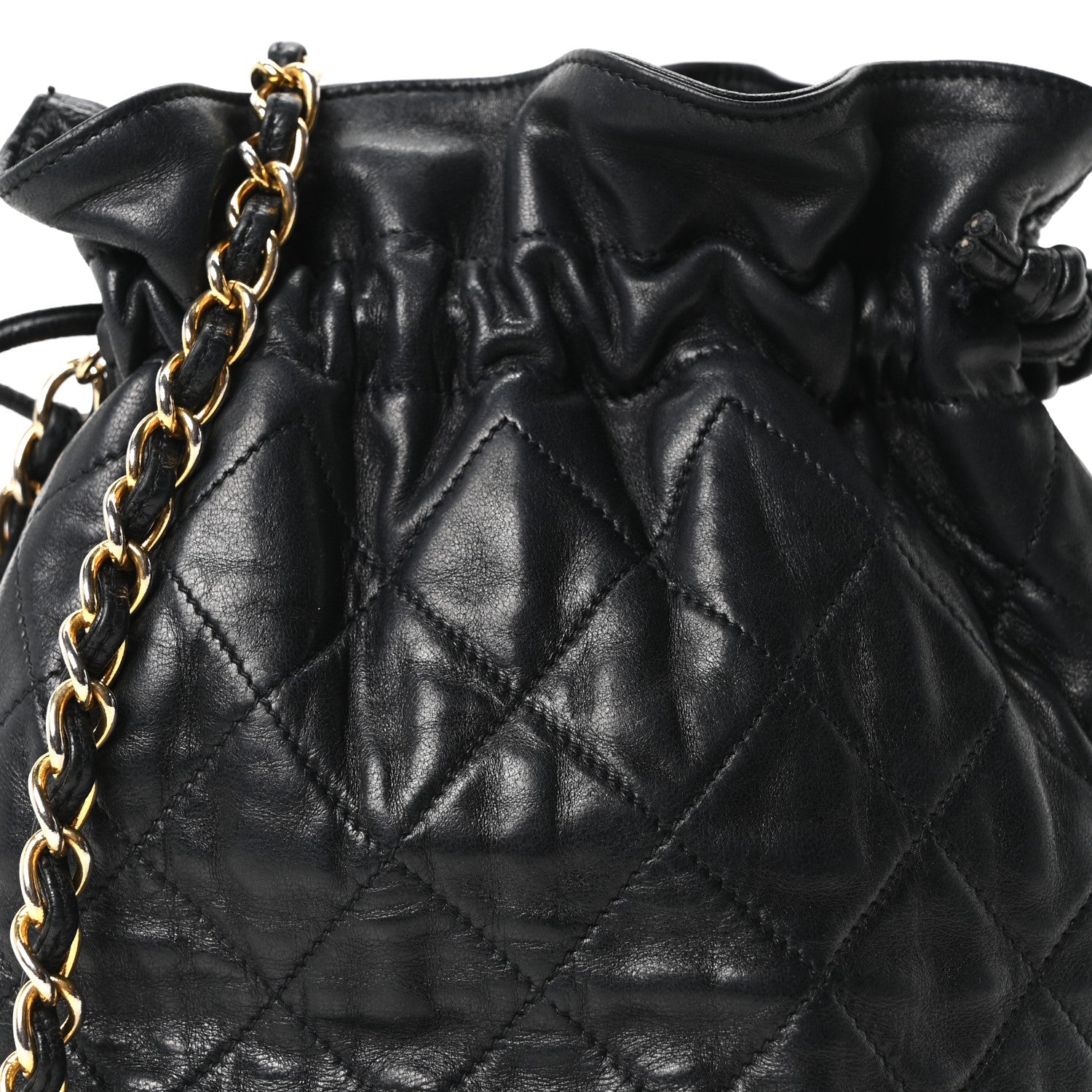Lambskin Quilted Mini Drawstring Bucket Bag Black