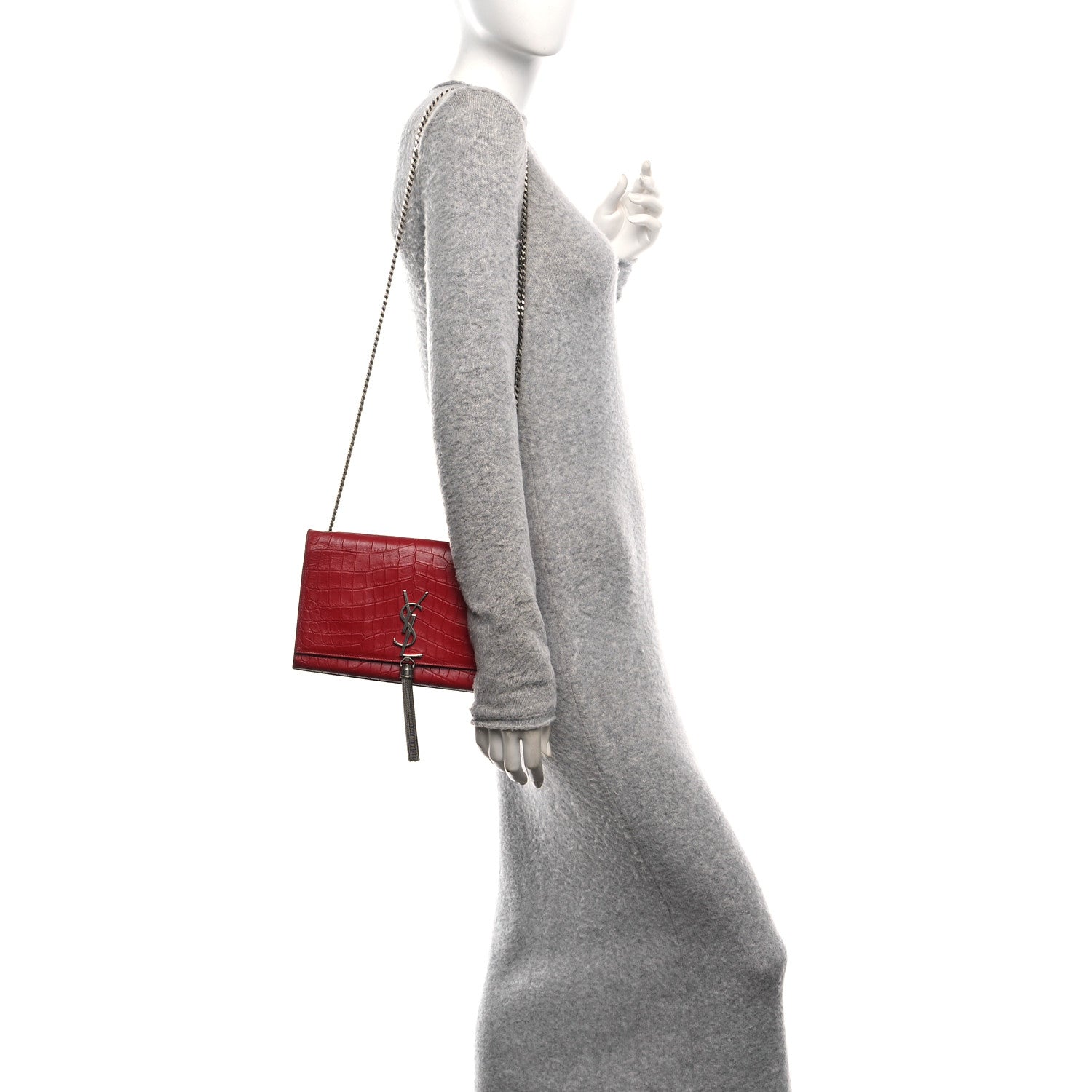 Calfskin Crocodile Embossed Medium Classic Monogram Kate Tassel Satchel New Red