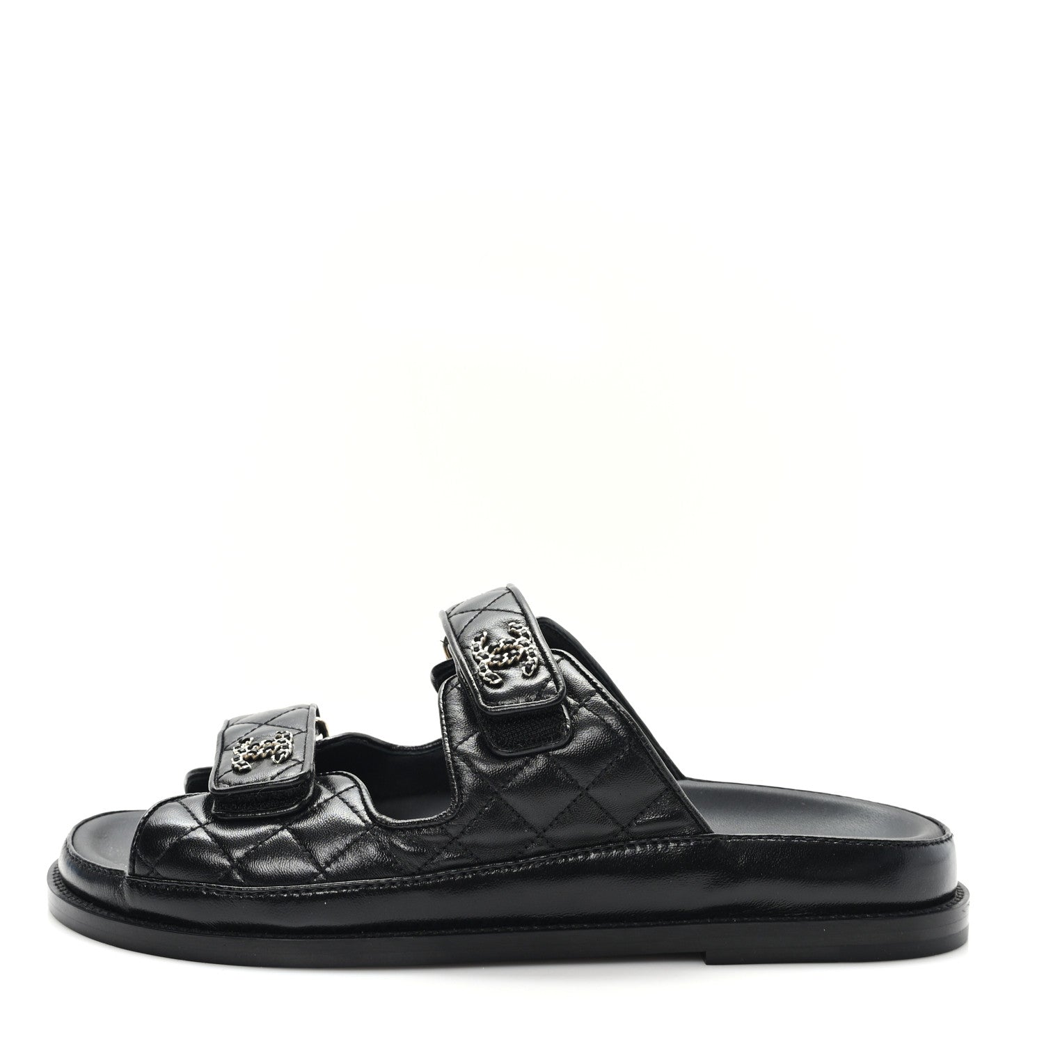 Lambskin Quilted Velcro Dad Chain CC Slide Sandals 40 Black