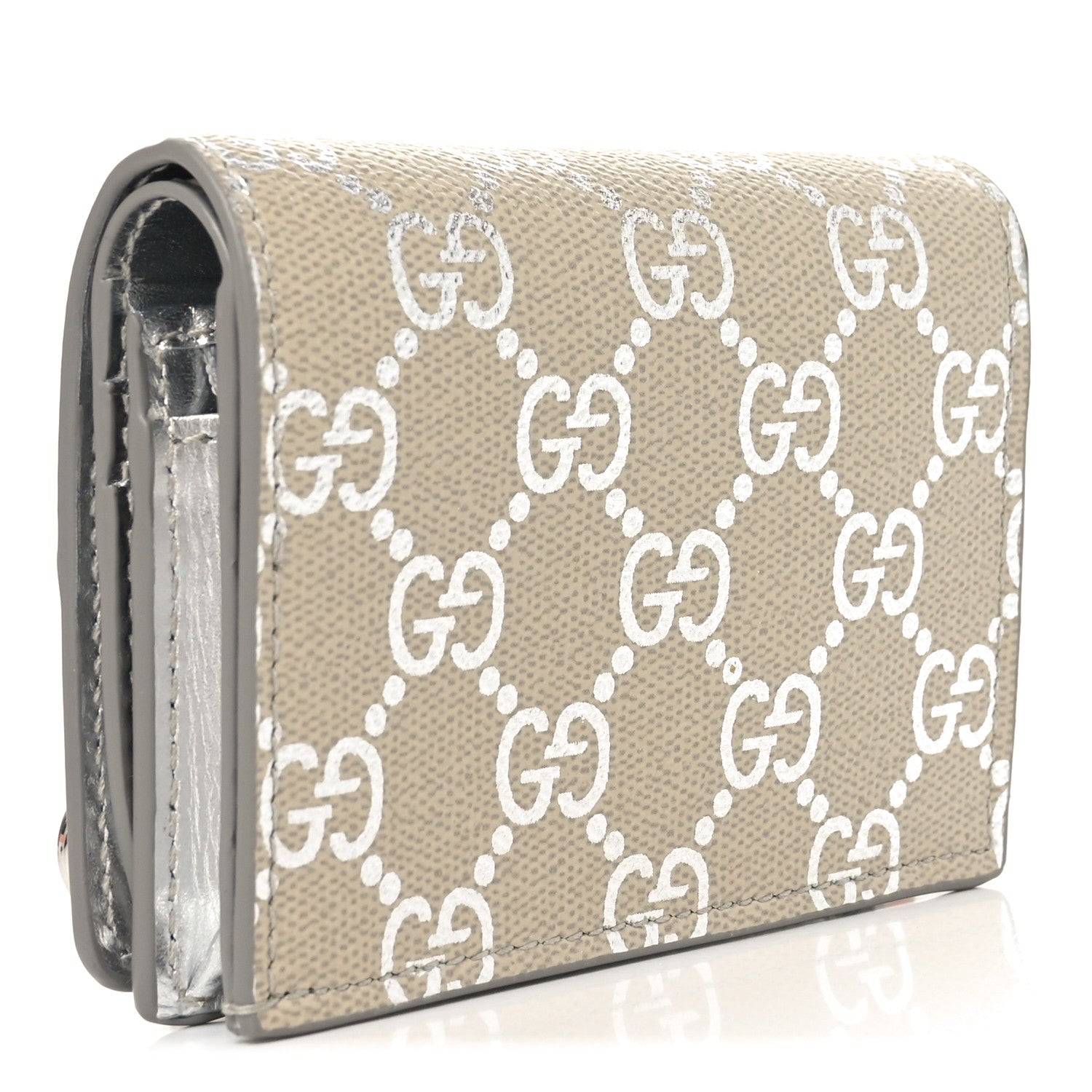 GG Supreme Monogram Metallic Calfskin Emblem Small Wallet Beige Silver