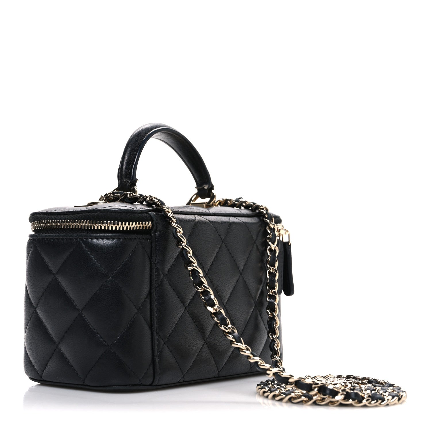 Lambskin Quilted Trendy Small Top Handle Vanity Case With Chain Black