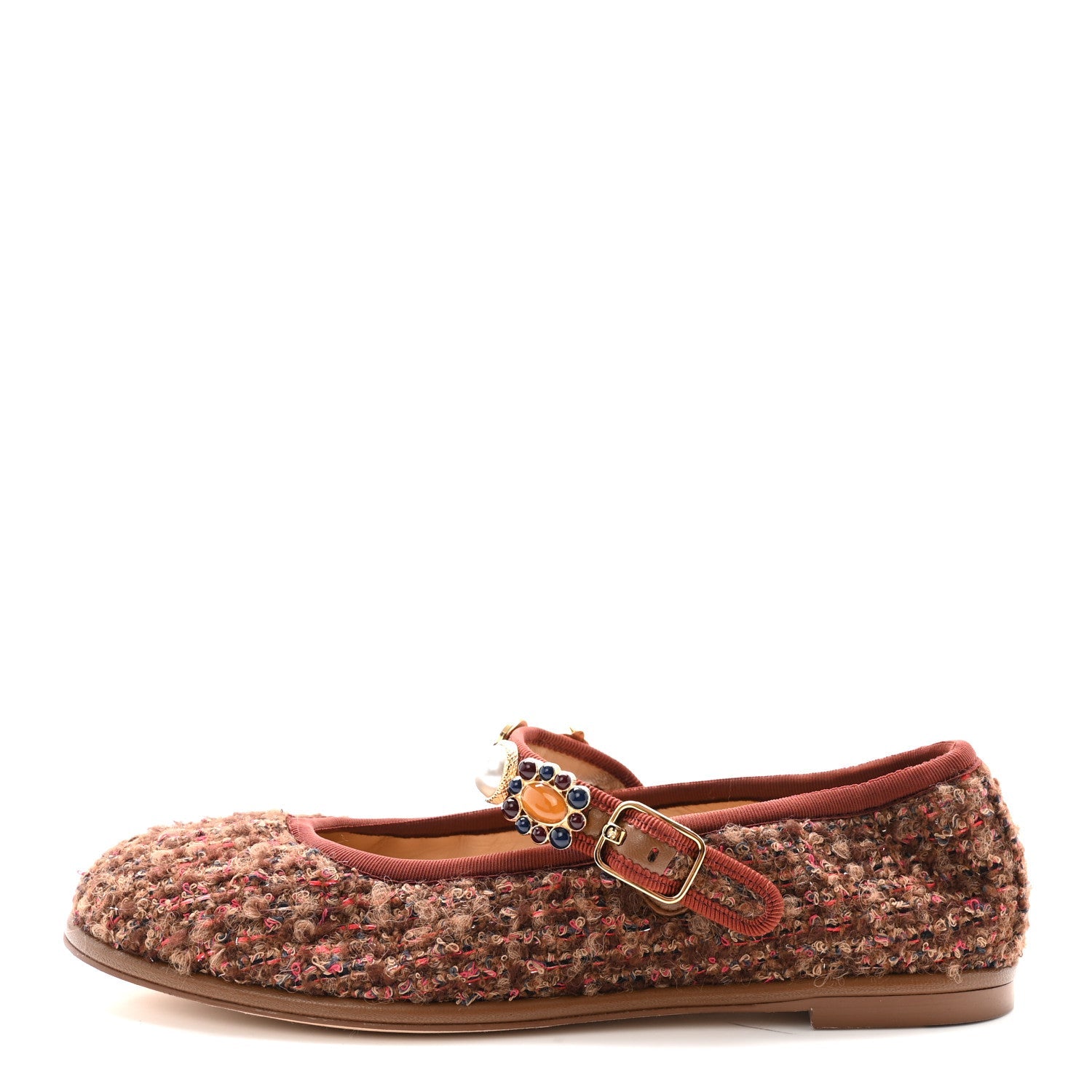Wool Tweed Mary Jane Flats 37 Brown Red Dark Blue