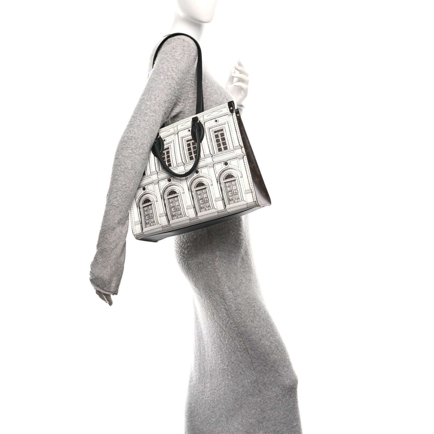 X FORNASETTI Calfskin Architettura Onthego MM Black White