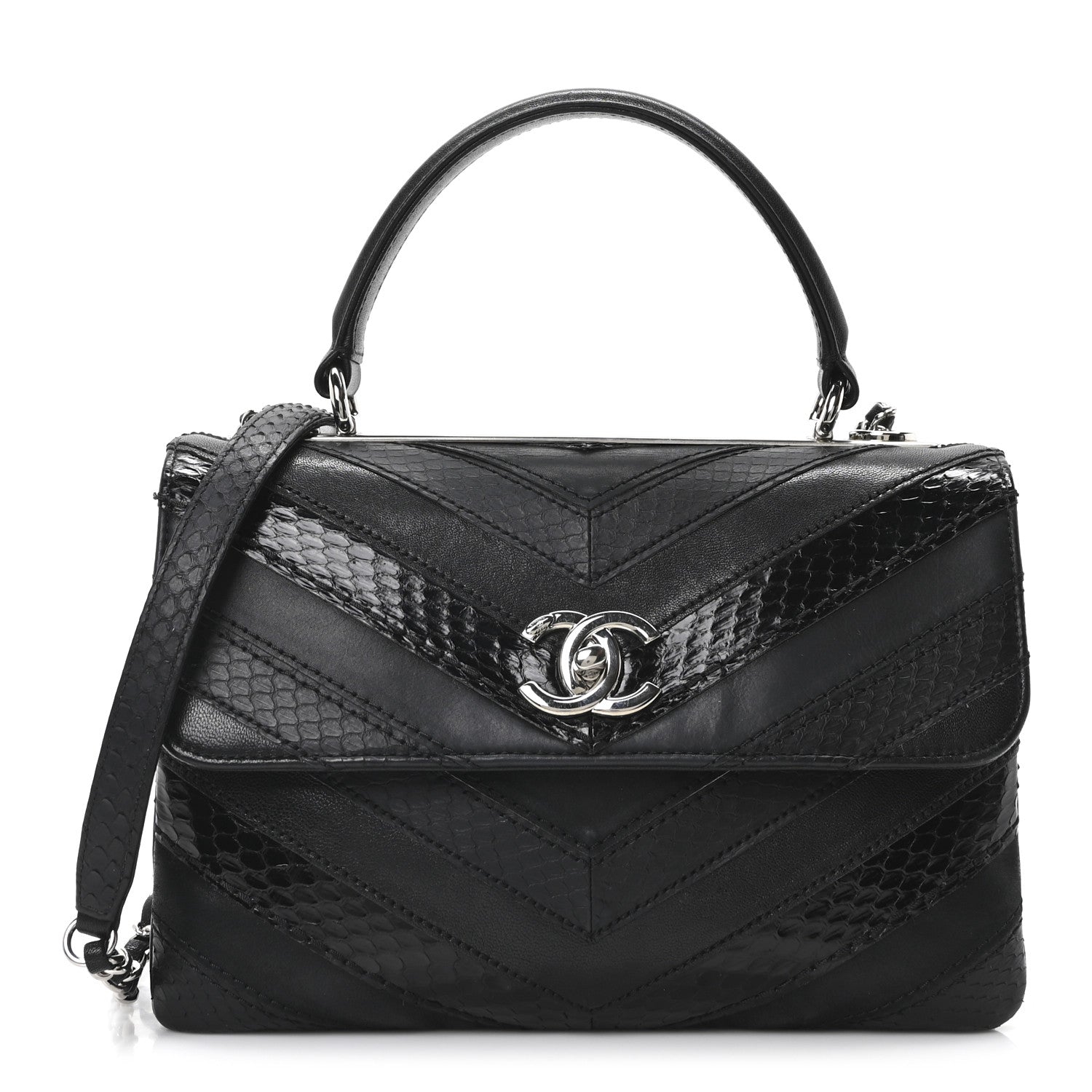 Calfskin Sheepskin Watersnake Chevron Quilted CC Small Trendy CC Dual Handle Flap Bag Black