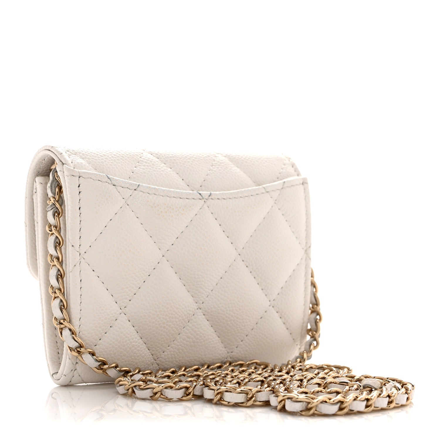 Caviar Quilted Flap Card Holder On Chain White