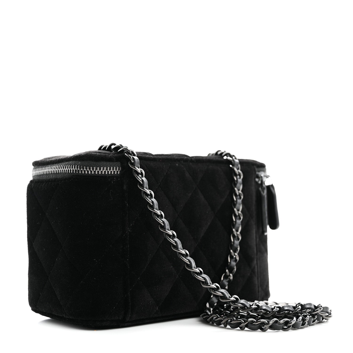 Velvet Quilted Small Vanity Case With Chain Black