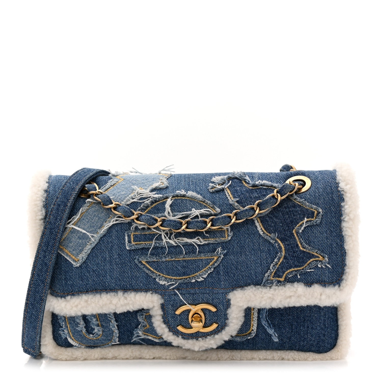 Denim Shearling Hieroglyph Flap Blue