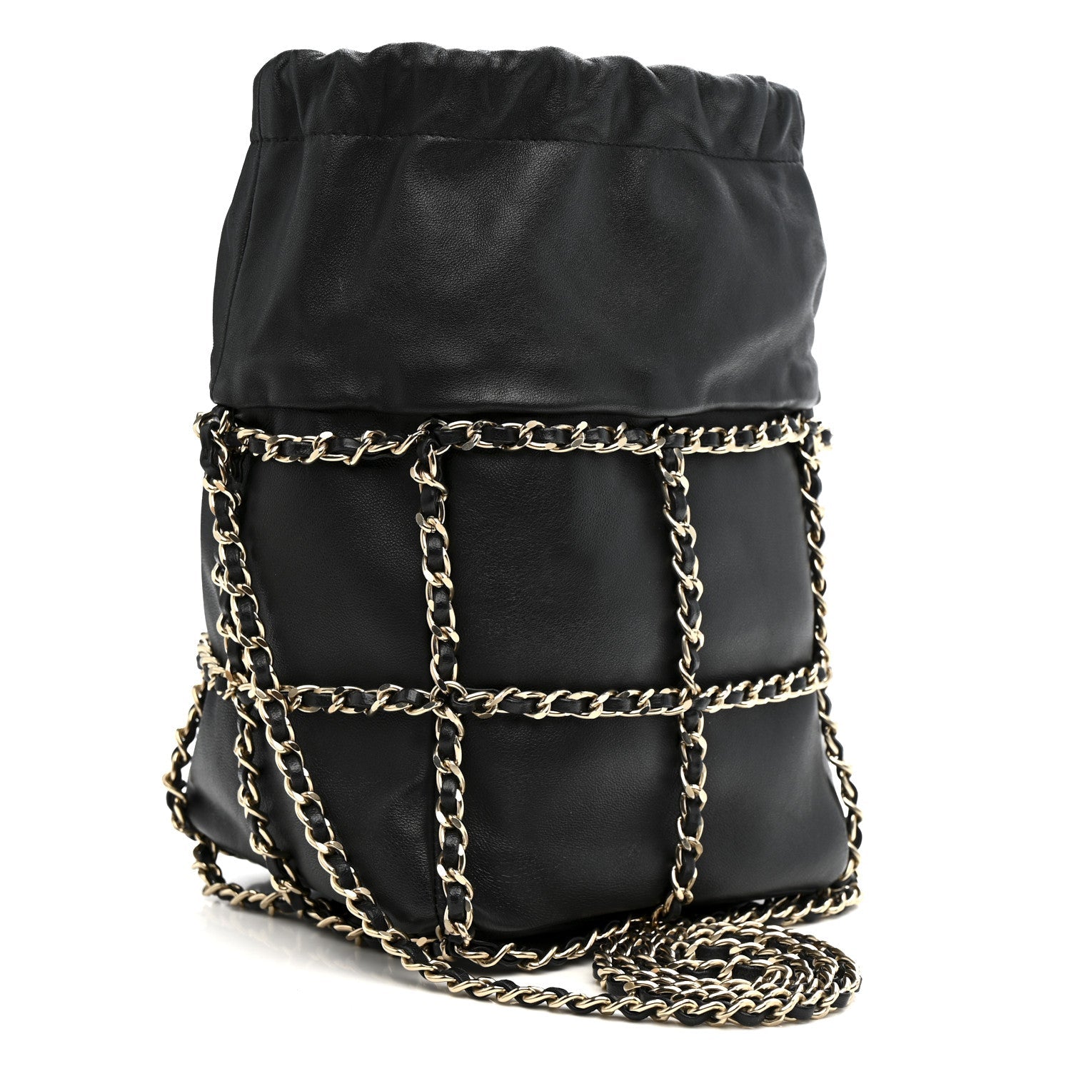 Lambskin Bucket Chain Drawstring Bag Black