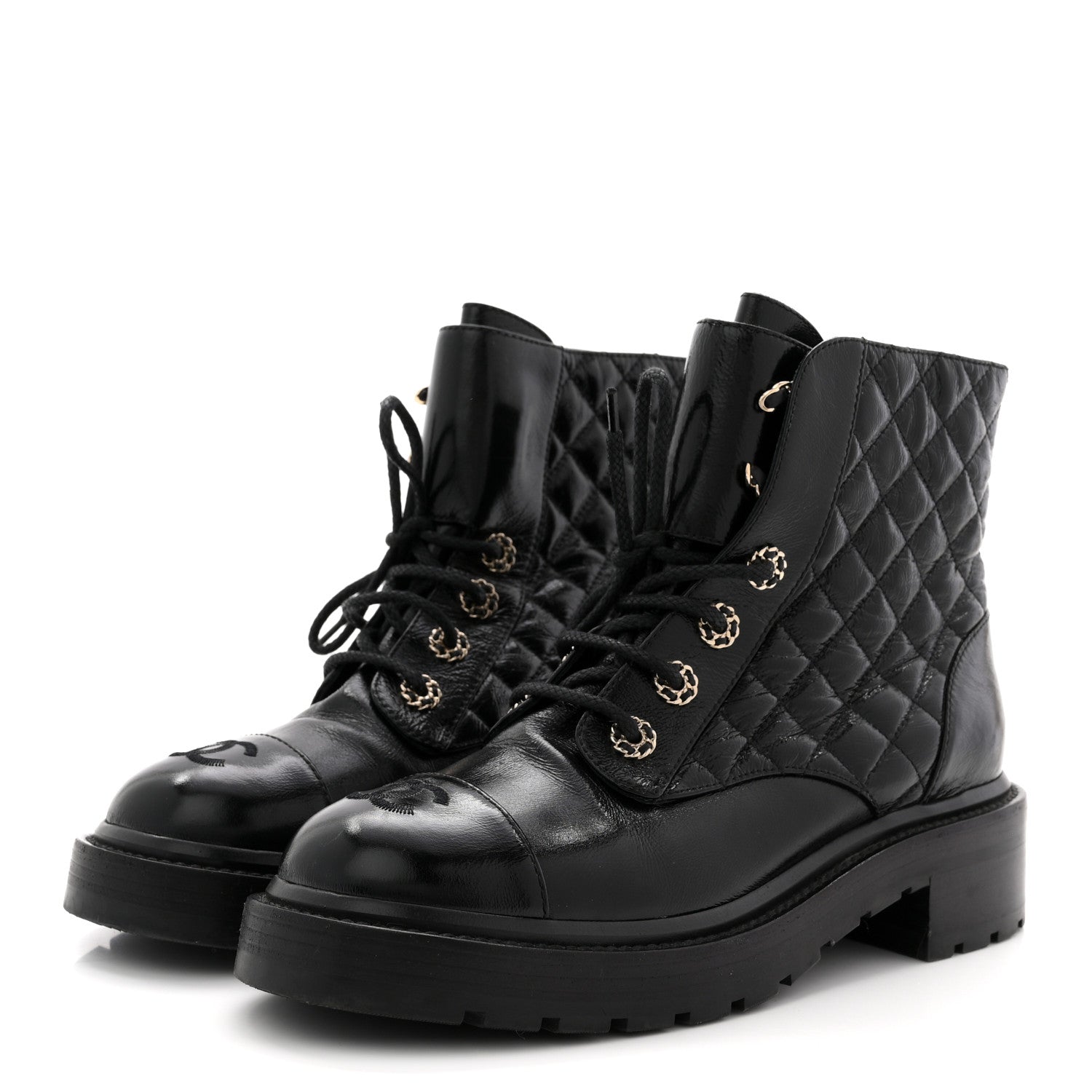 Shiny Goatskin Calfskin Quilted Lace Up Combat Boots 38.5 Black