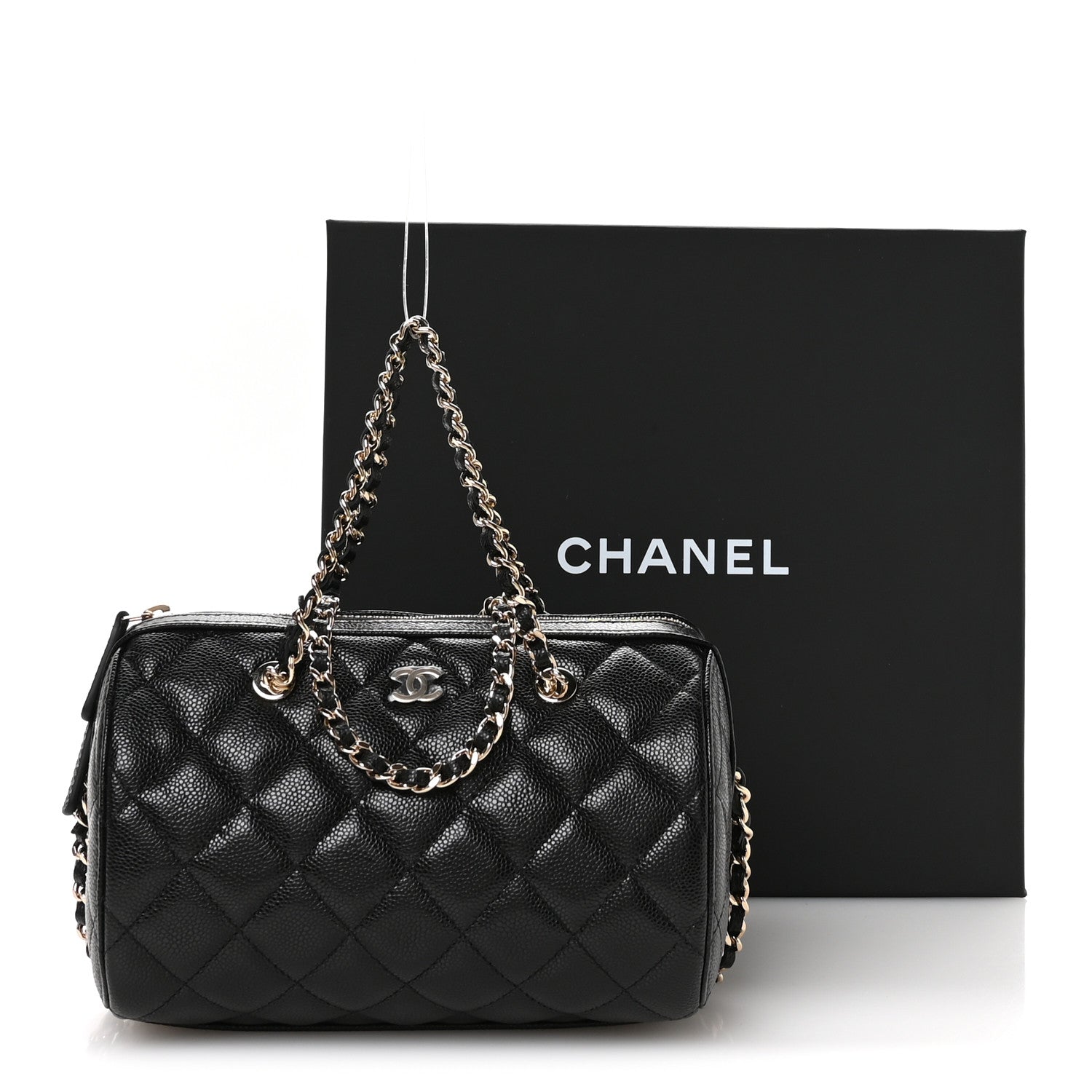 Caviar Quilted Barrel Clutch With Chain Black