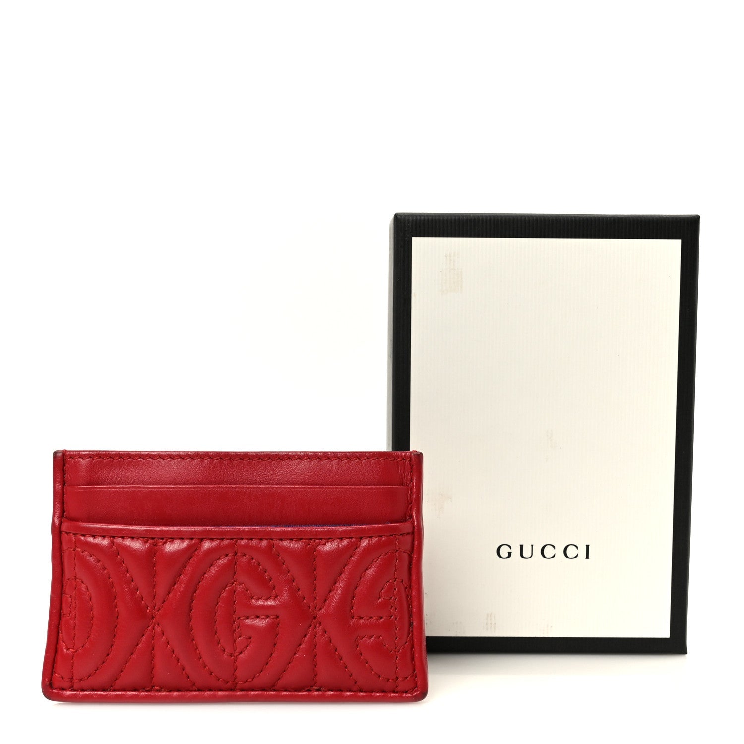 Calfskin G Rhombus Quilted Card Holder Hibiscus Red