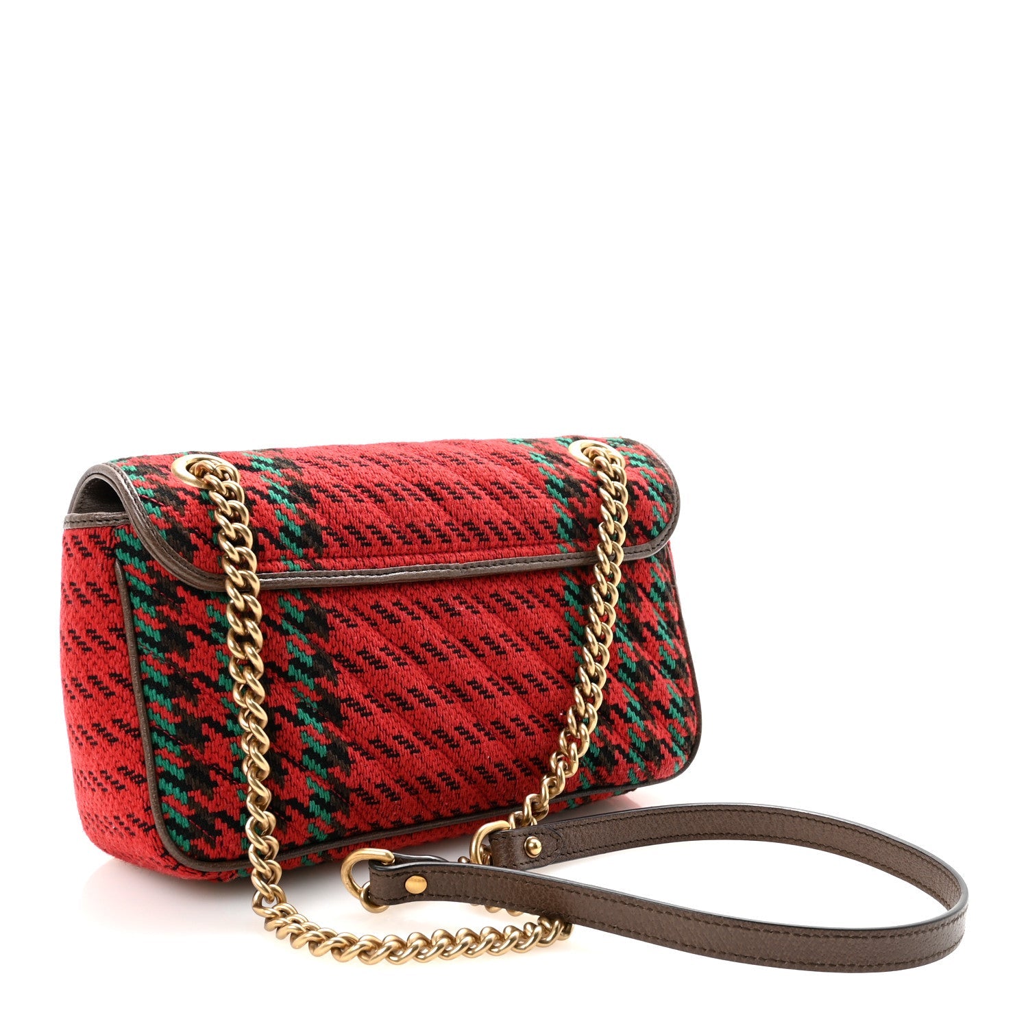 Wool Tweed Textured Dollar Calfskin Matelasse Diagonal Plaid Small GG Marmont Shoulder Bag Red Green Multicolor New Acero