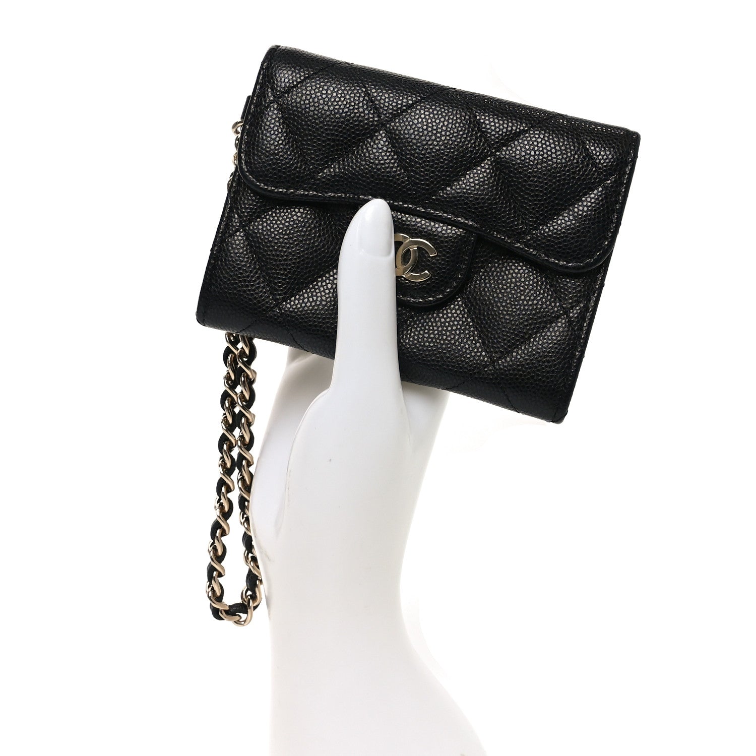 Caviar Quilted Flap Card Holder Chain Wristlet Black
