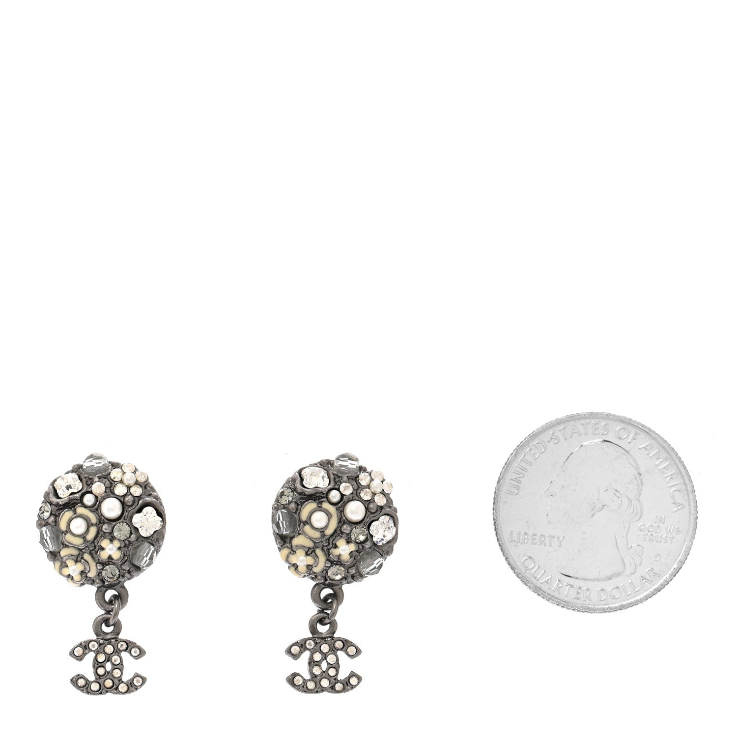 Pearl Crystal CC Camellia Cluster Drop Earrings Dark Silver