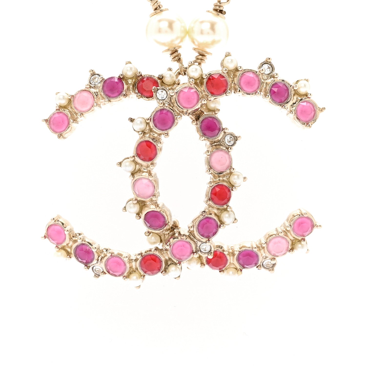 Pearl Crystal Beaded CC Pendant Necklace Gold Pink