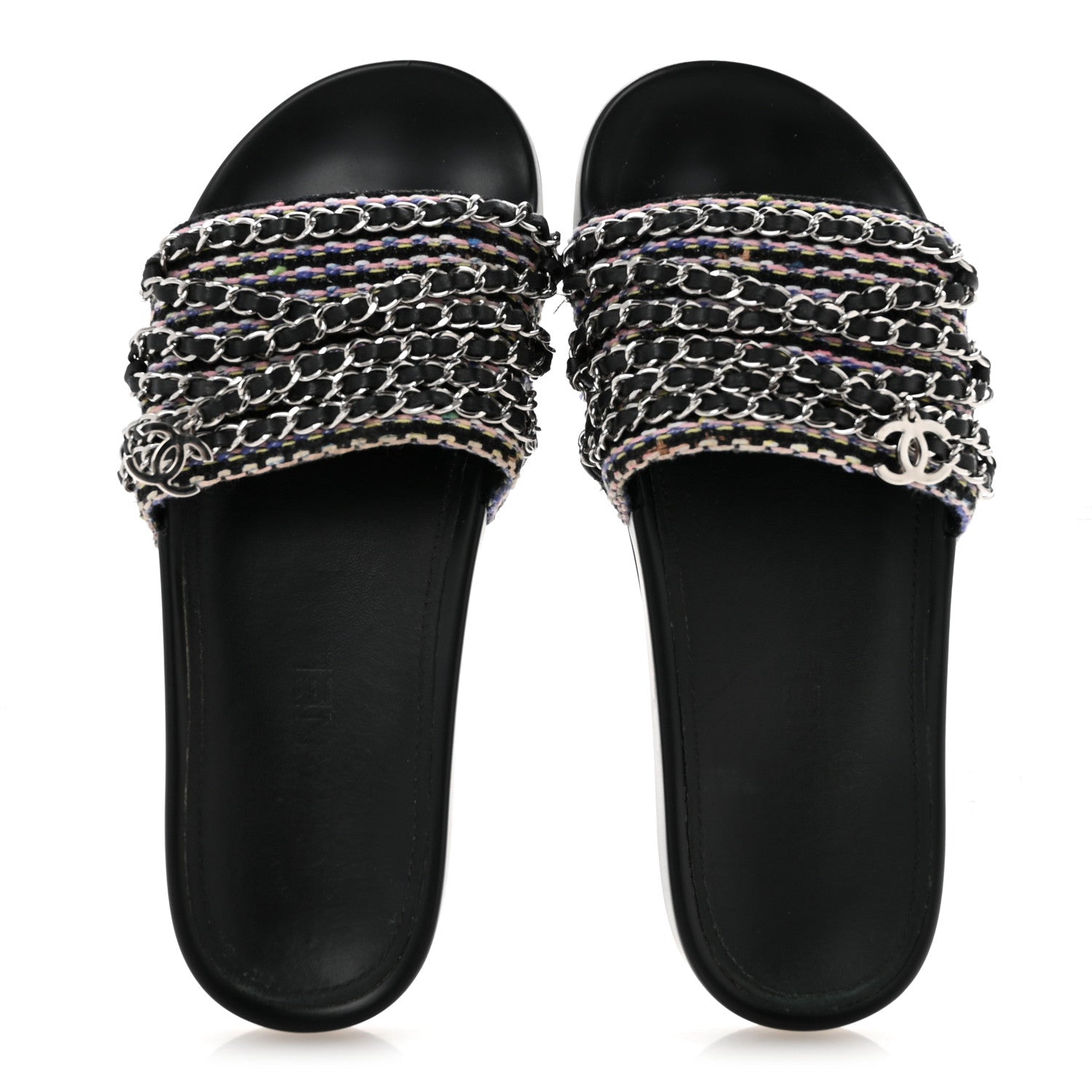 Satin Canvas Chain Slides Sandals Flats 37.5 Marine