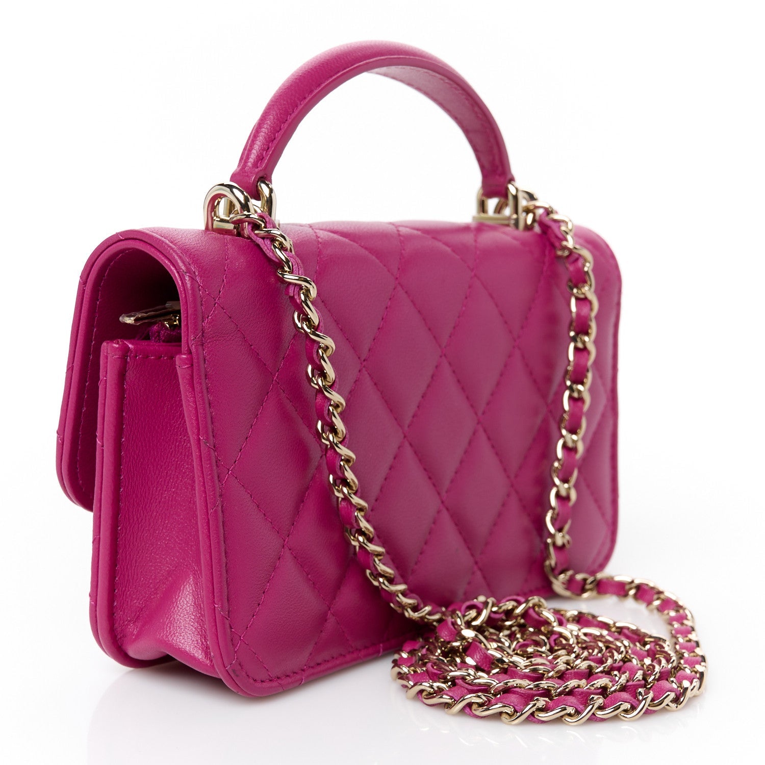 Lambskin Quilted Flap Phone Holder With Chain Fuchsia