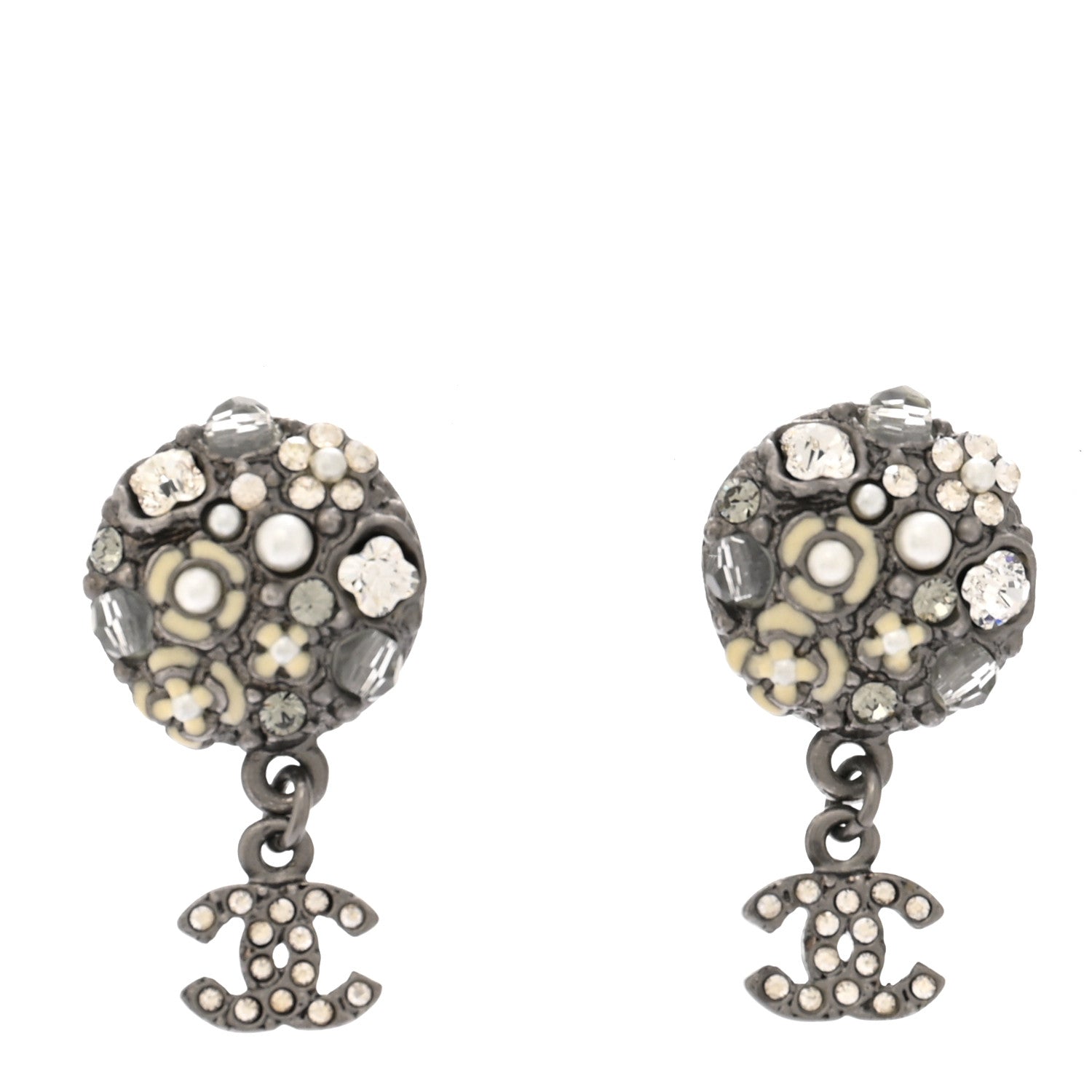 Pearl Crystal CC Camellia Cluster Drop Earrings Dark Silver