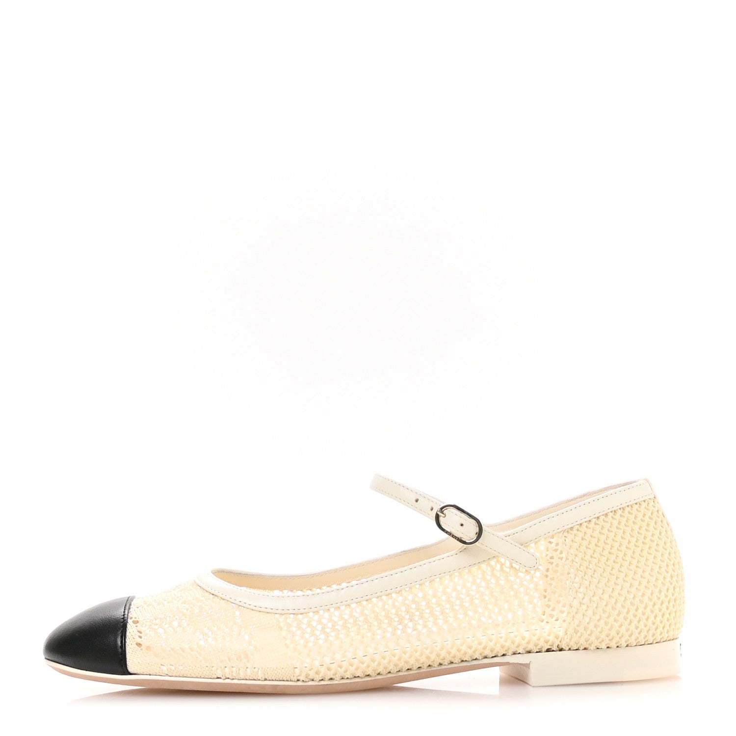 Crochet Lambskin Cap Toe Mary Jane Flats 39 Natural Beige Black