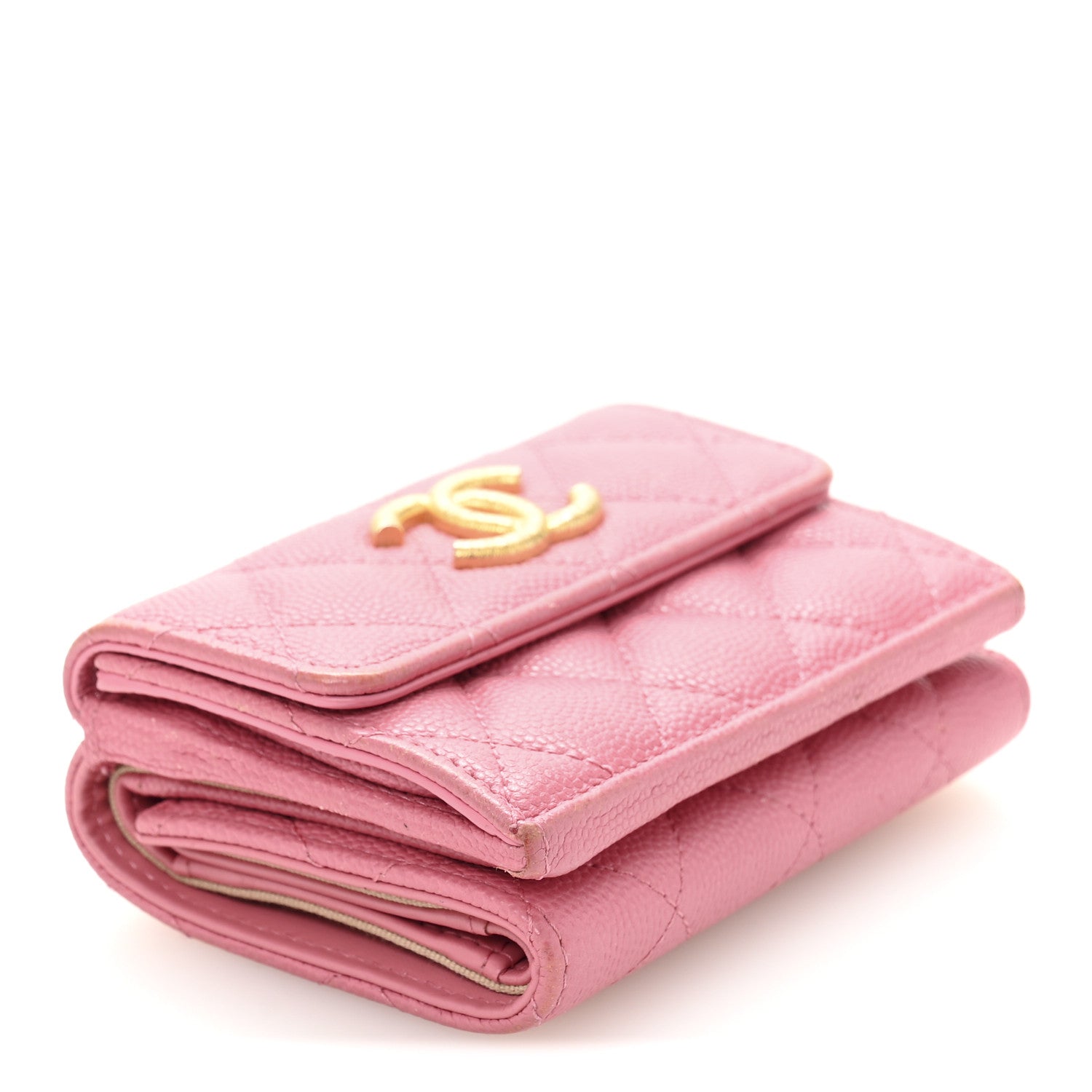 Caviar Quilted Textured CC Small Tri-Fold Flap Wallet Pink