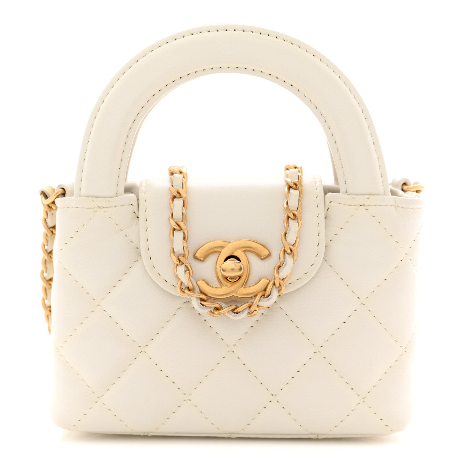 Shiny Aged Calfskin Quilted Mini Nano Kelly Shopper White