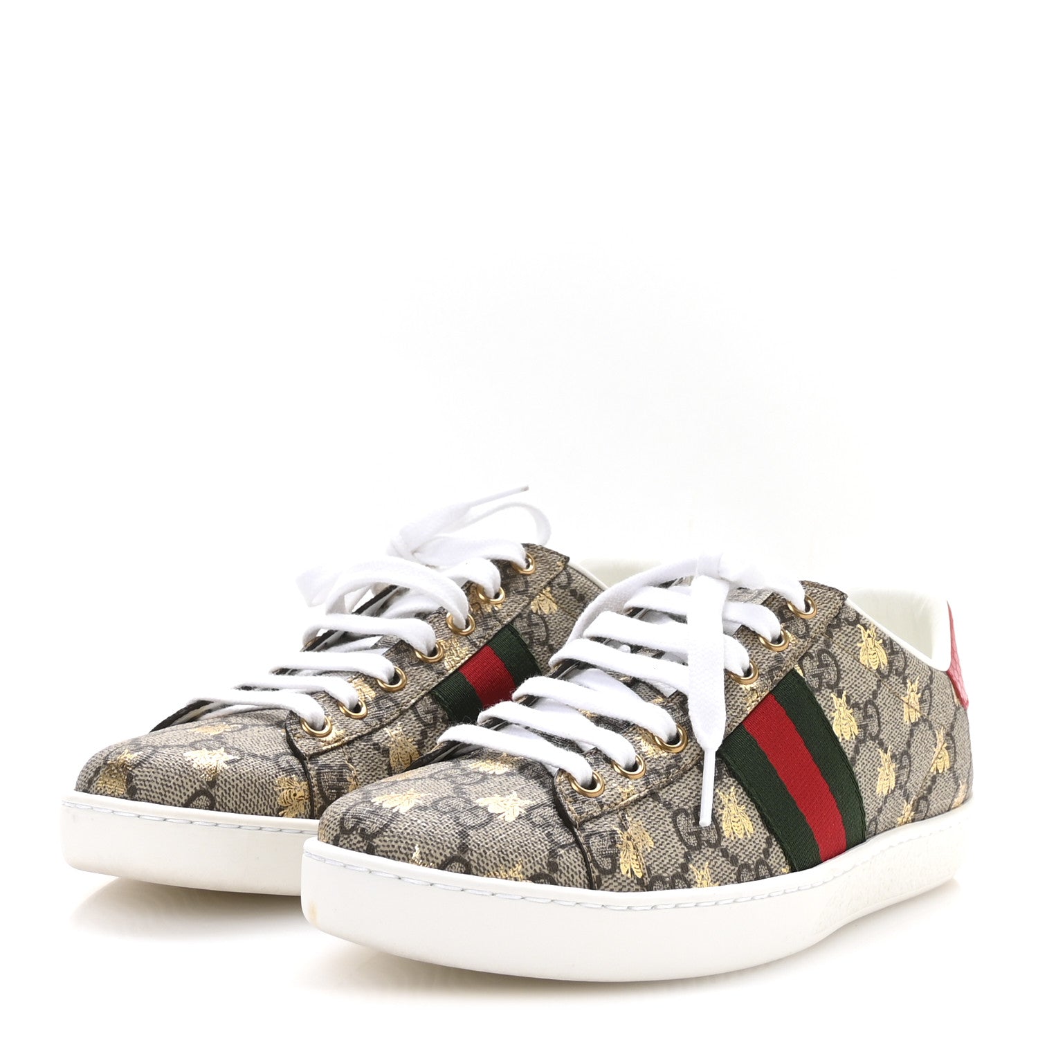 GG Supreme Monogram Bees Ayers Web Womens Ace Sneakers 37 Beige Oro Green Red