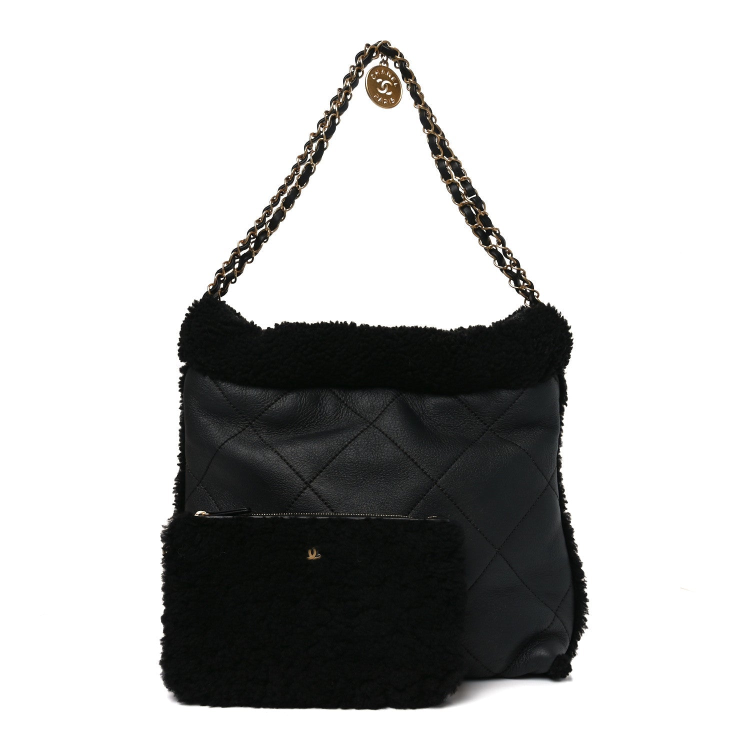 Aged Lambskin Shearling Quilted Small Chanel 22 Black