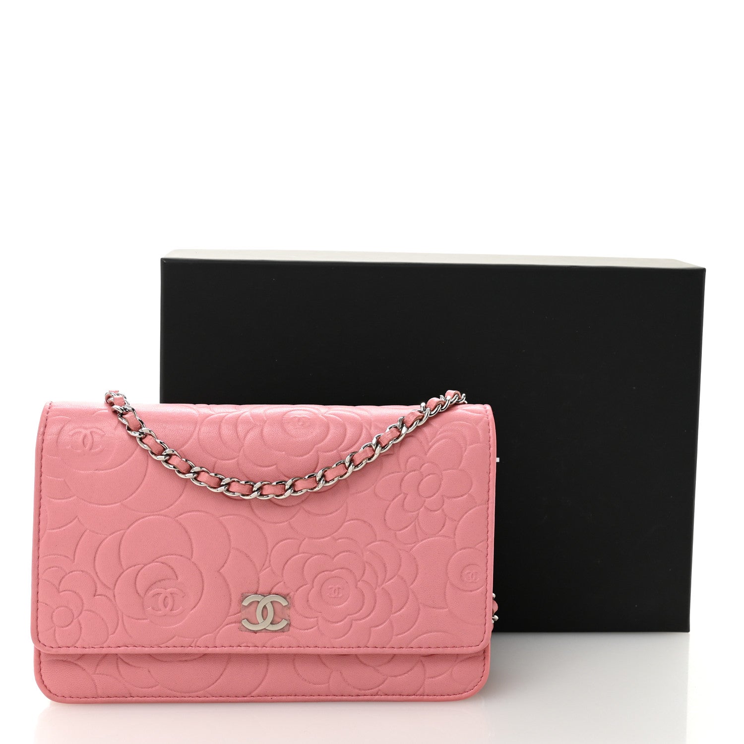 Lambskin Camellia Embossed Wallet on Chain WOC Pink