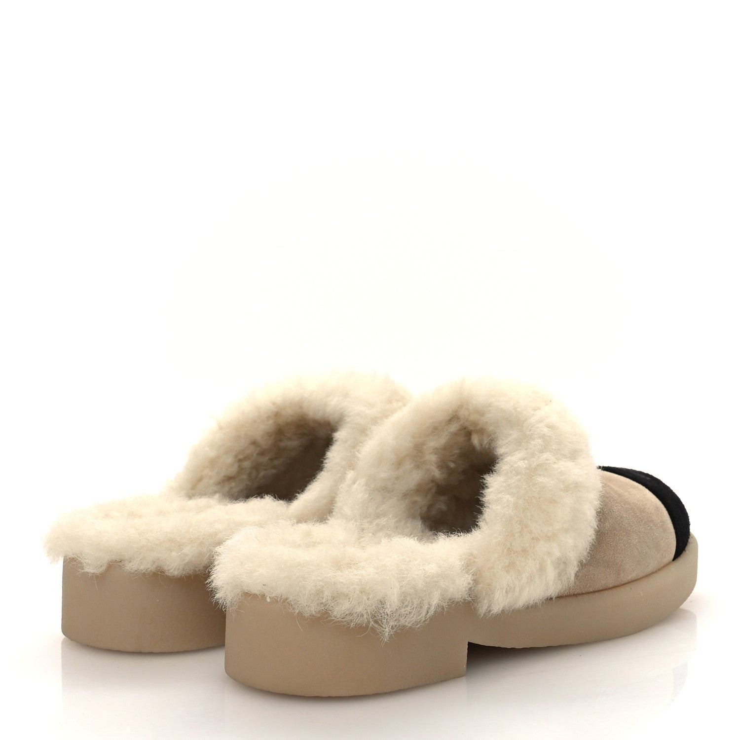 Suede Shearling CC Cap Toe Mules 38.5 Beige Black