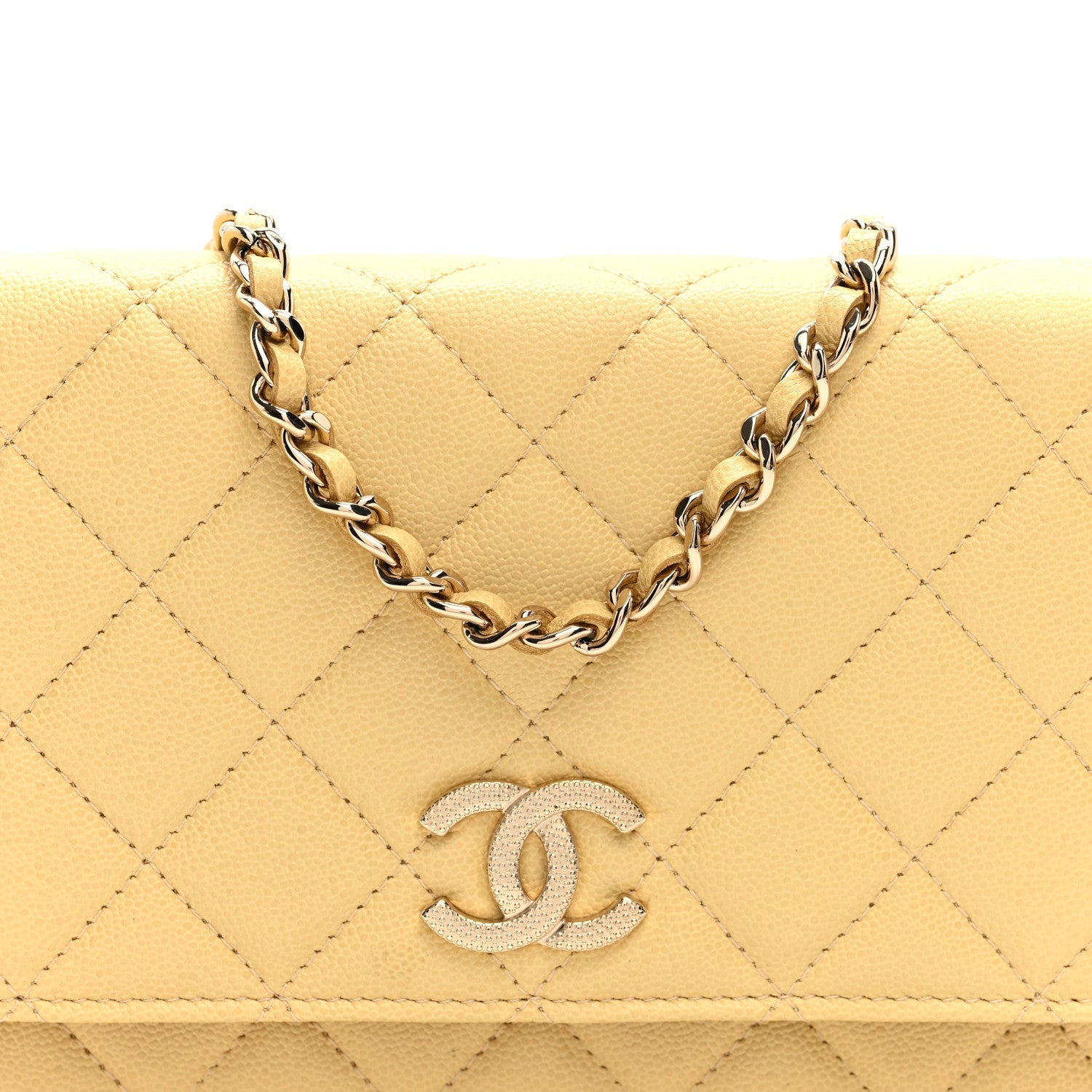 Caviar Quilted Studded CC Wallet on Chain WOC Yellow
