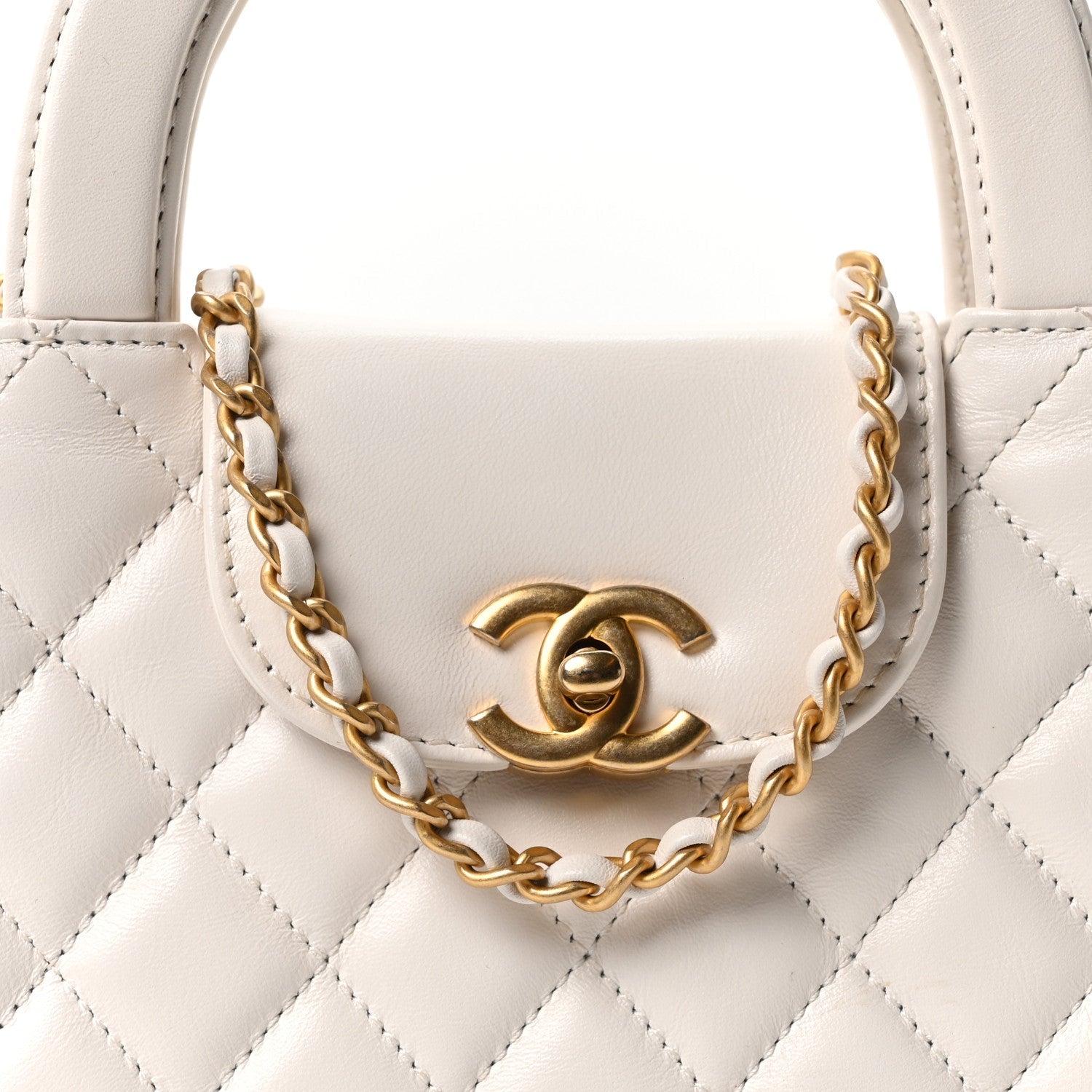 Shiny Aged Calfskin Quilted Nano Kelly Shopper White