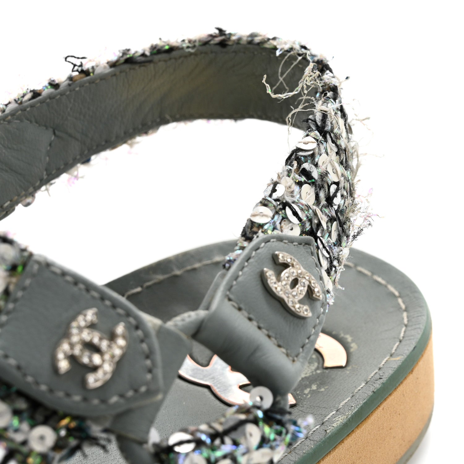 Tweed Sequin Crystal CC Sandals 40 Blue Multicolor