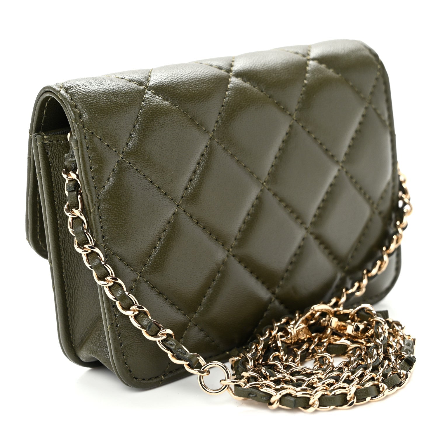 Lambskin Quilted Clutch With Chain Green