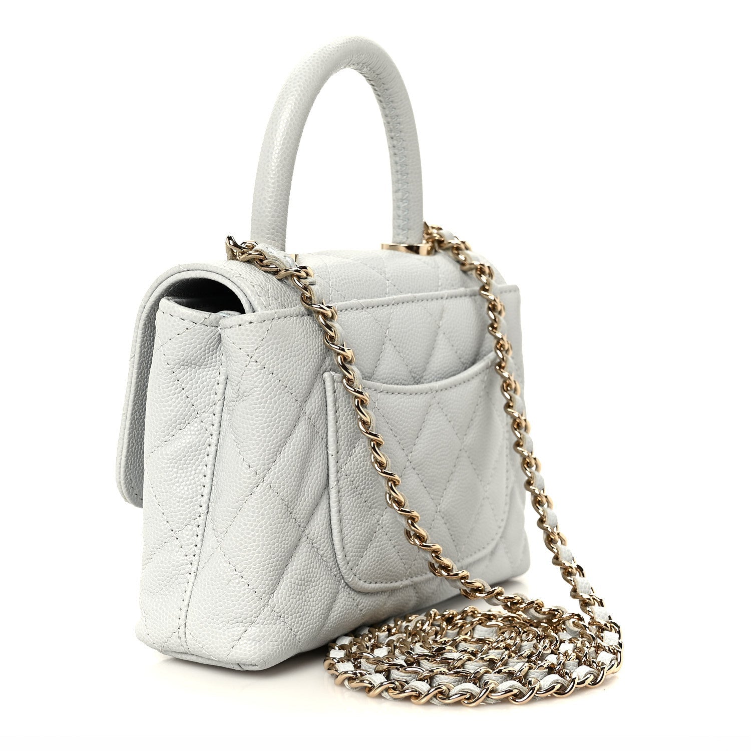 Caviar Lizard Embossed Quilted Coco Handle Clutch With Chain Light Blue